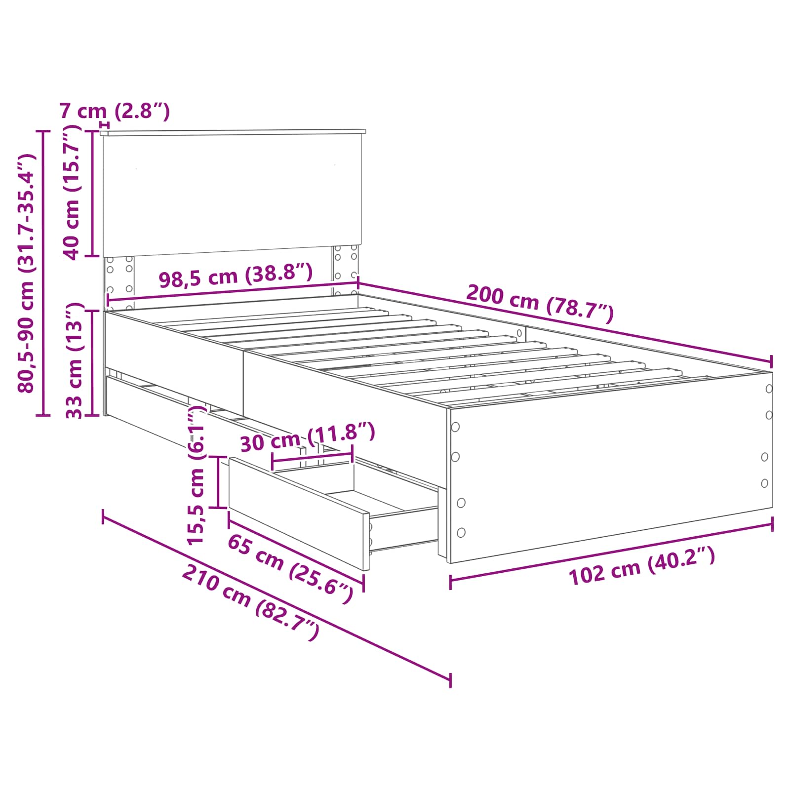 Rám postele s čelo Sonoma dub 100 x 200 cm Inženýrské dřevo - obrázek 14