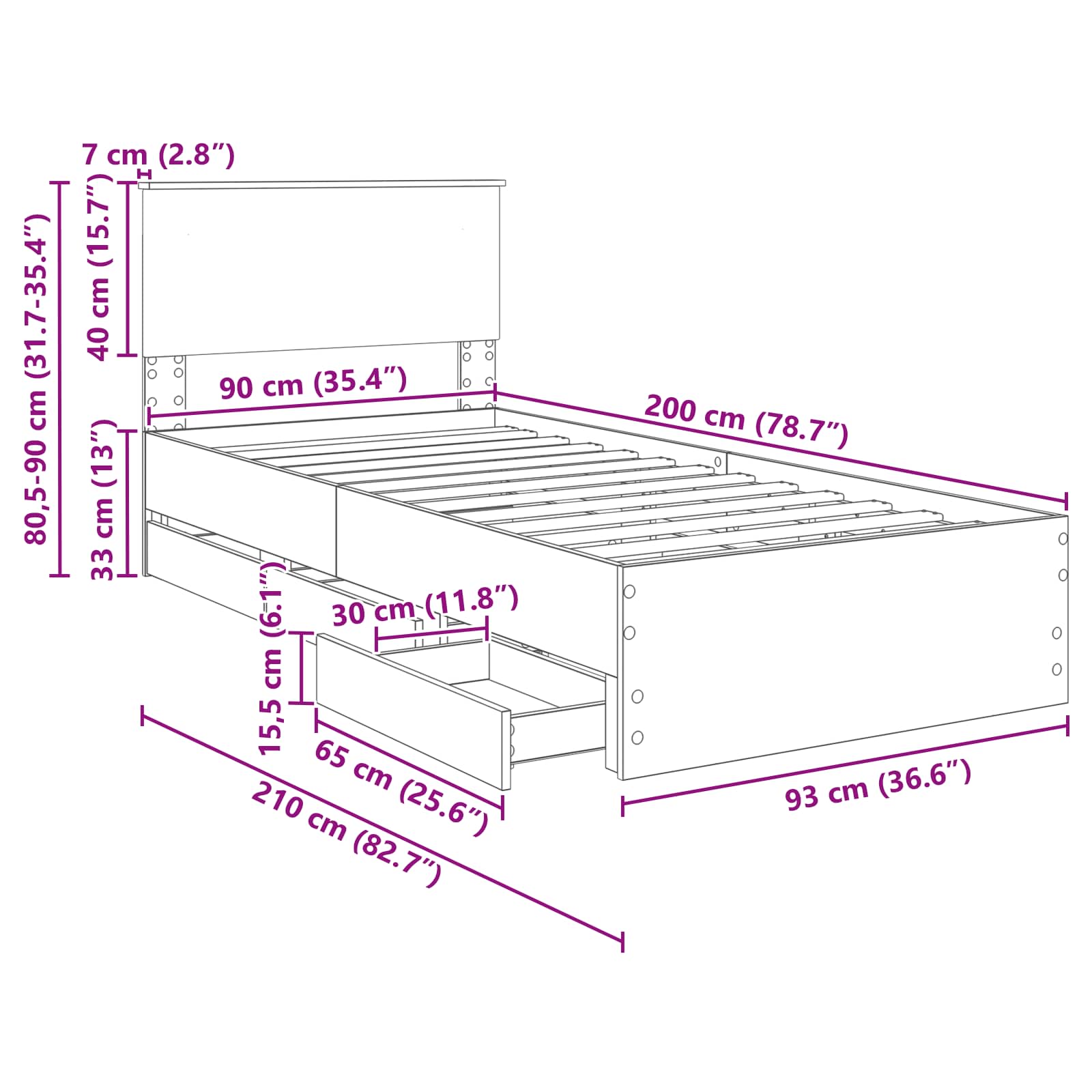 Rám postele se zásuvkou Bílá 90 x 200 cm Inženýrské dřevo - obrázek 14