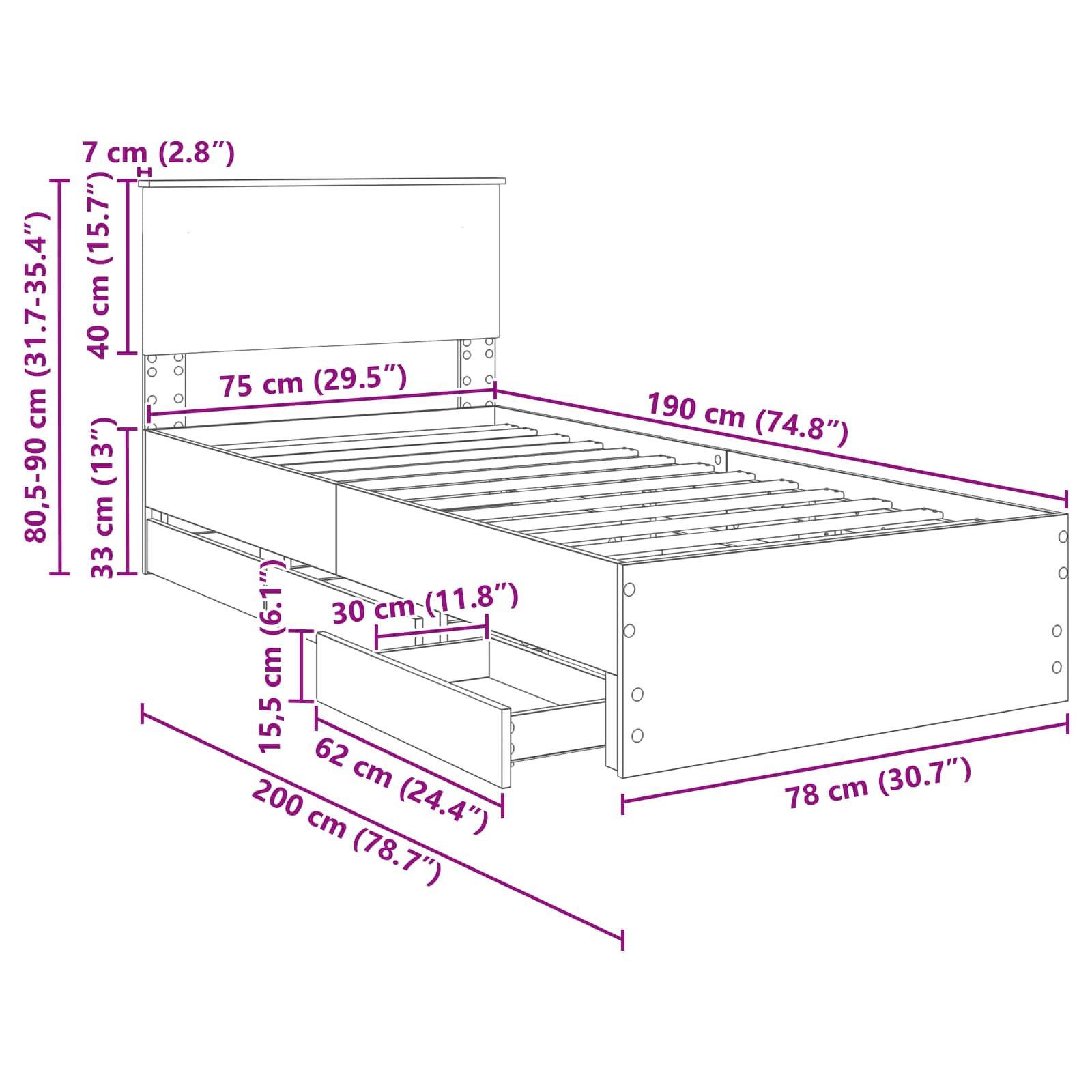Rám postele s čelo Kouřový dub 75 x 190 cm Inženýrské dřevo - obrázek 14