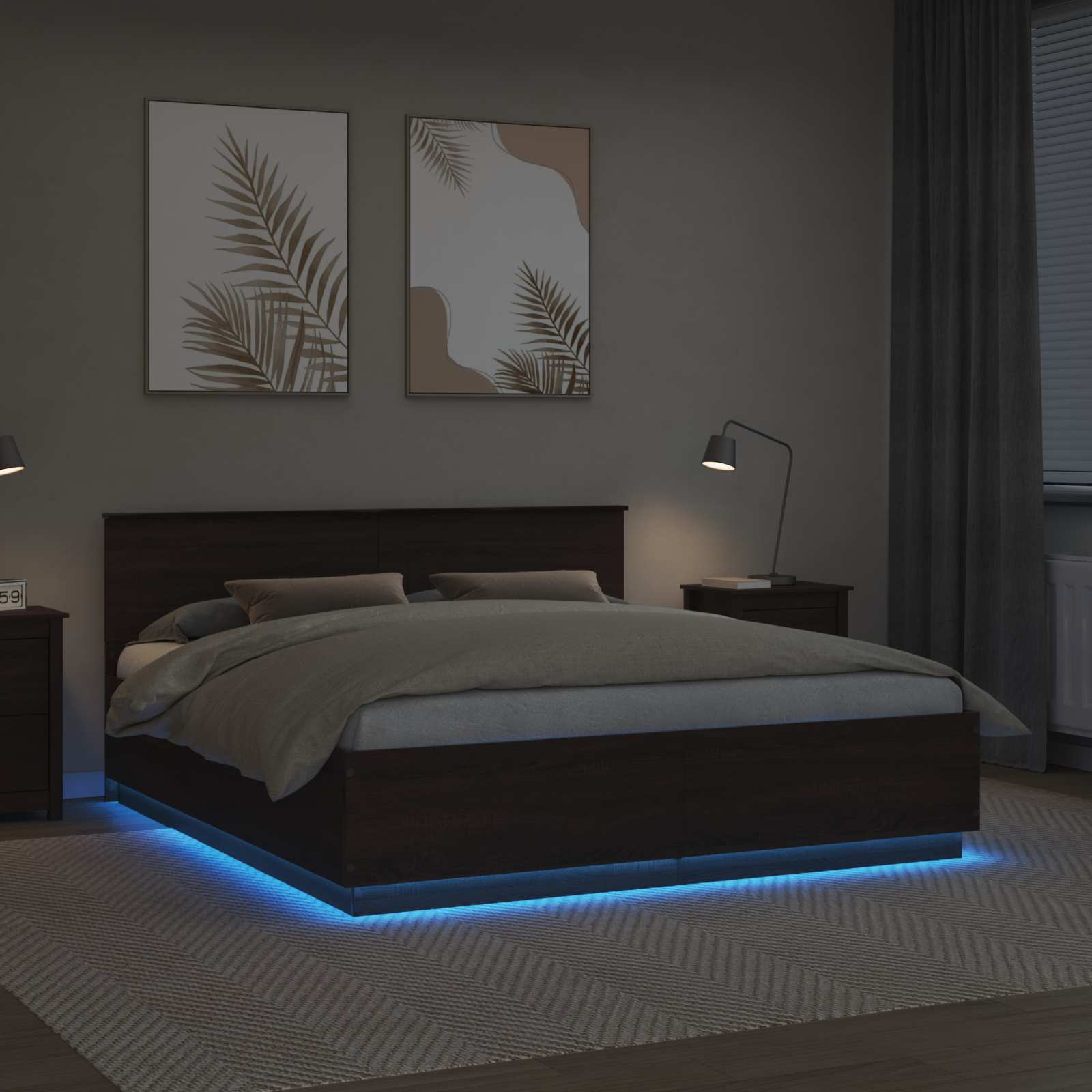 Voodi raam LED -ribatuledega Pruun tamme 200 x 200 cm Tehispuit 4 Kõik vajalik sinu aeda ja koju! Voodi raam LED -ribatuledega Pruun tamme 200 x 200 cm Tehispuit - Image 4