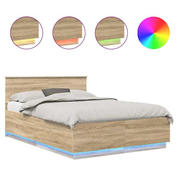 vidaXL Voodi raam LED-ribadega Sonoma tamm 150 x 200 cm Tehispuit