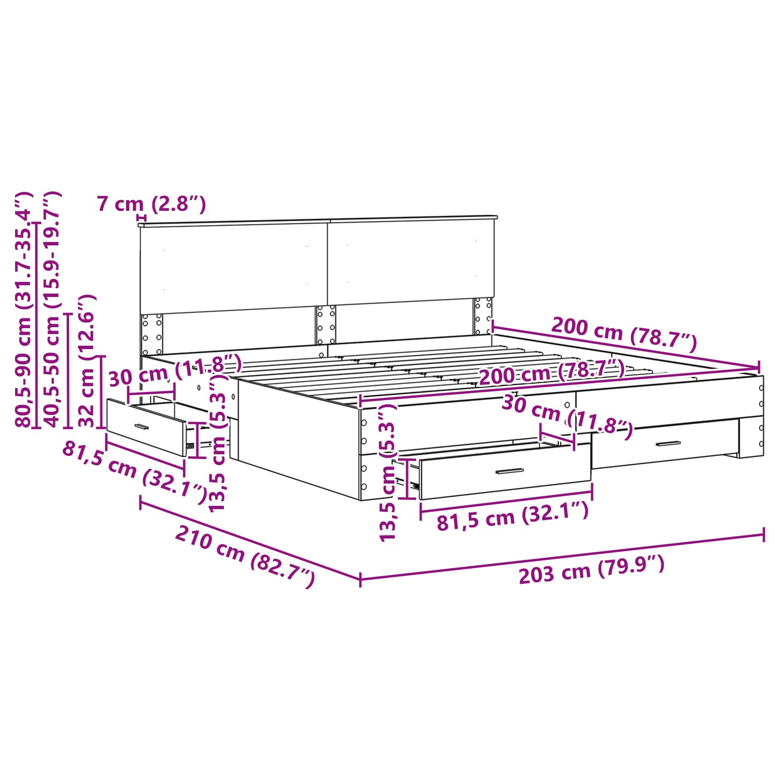 Rám postele s čelo Kouřový dub 200 x 200 cm kompozitní dřevo - obrázek 14