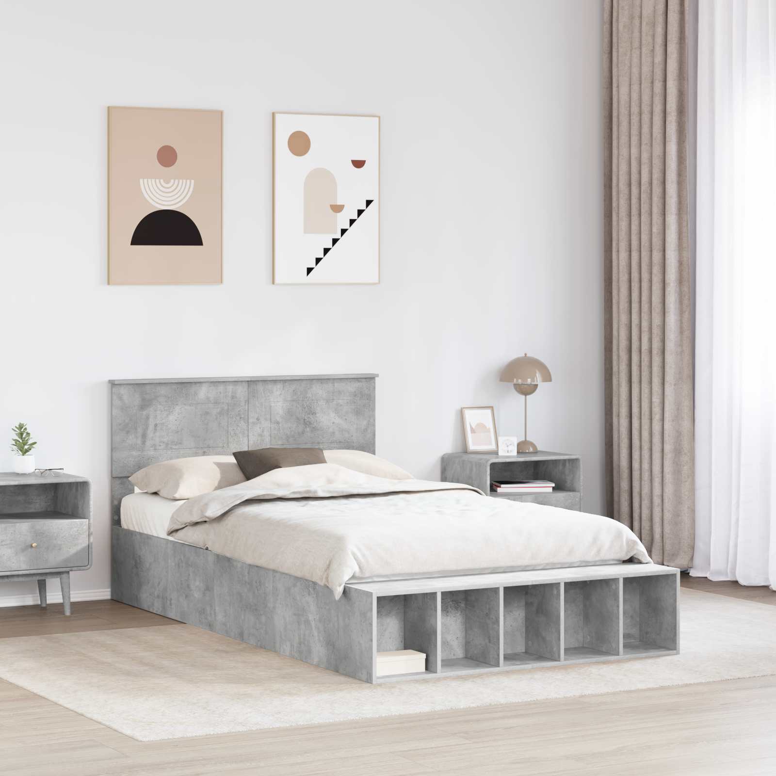 Thumbnail - vidaXL Bettrahmen mit Regal Beton Grau 120 x 190 cm Holzwerkstoff