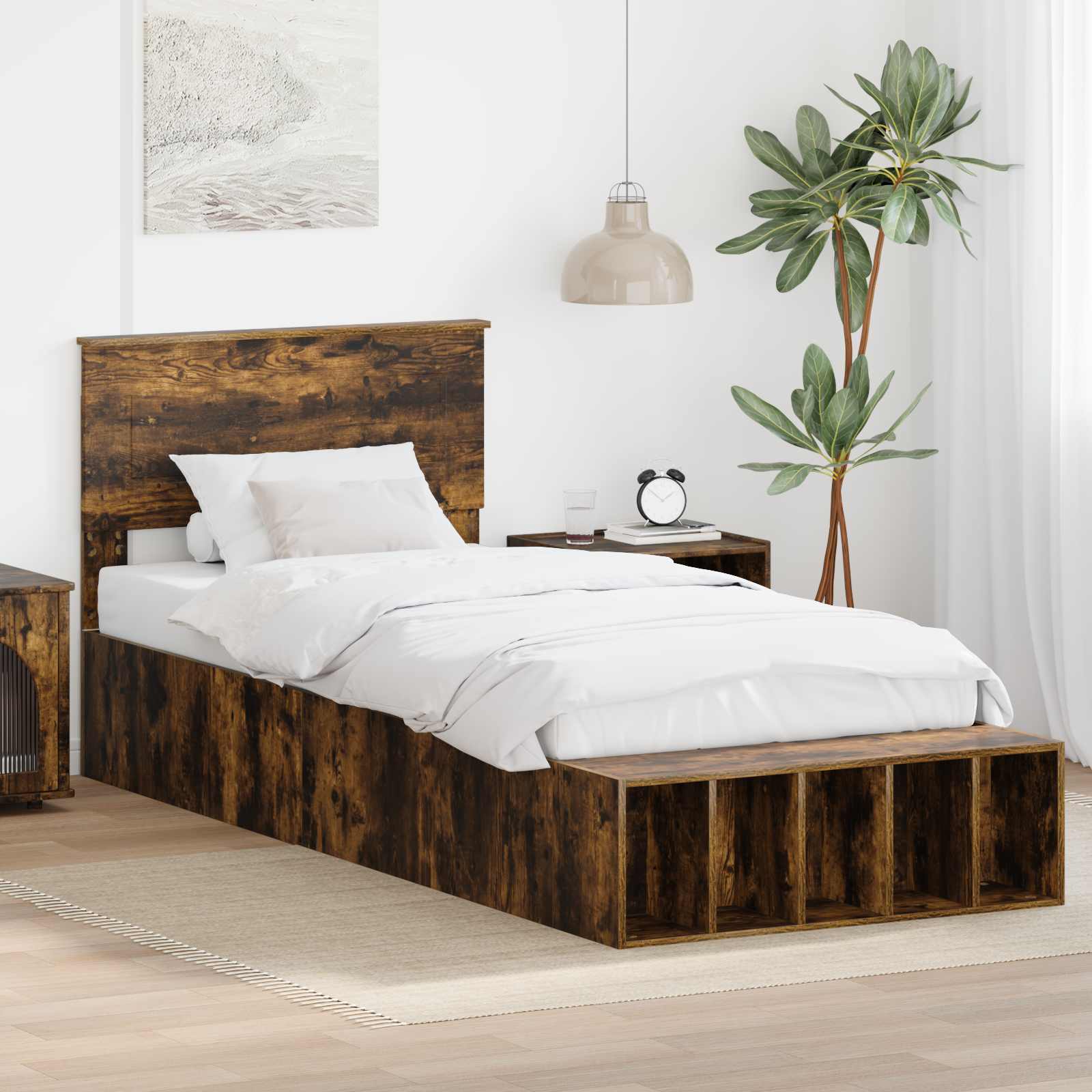 vidaXL Cadru de pat cu raft Stejar fumuriu 100 x 200 cm Lemn compozit
