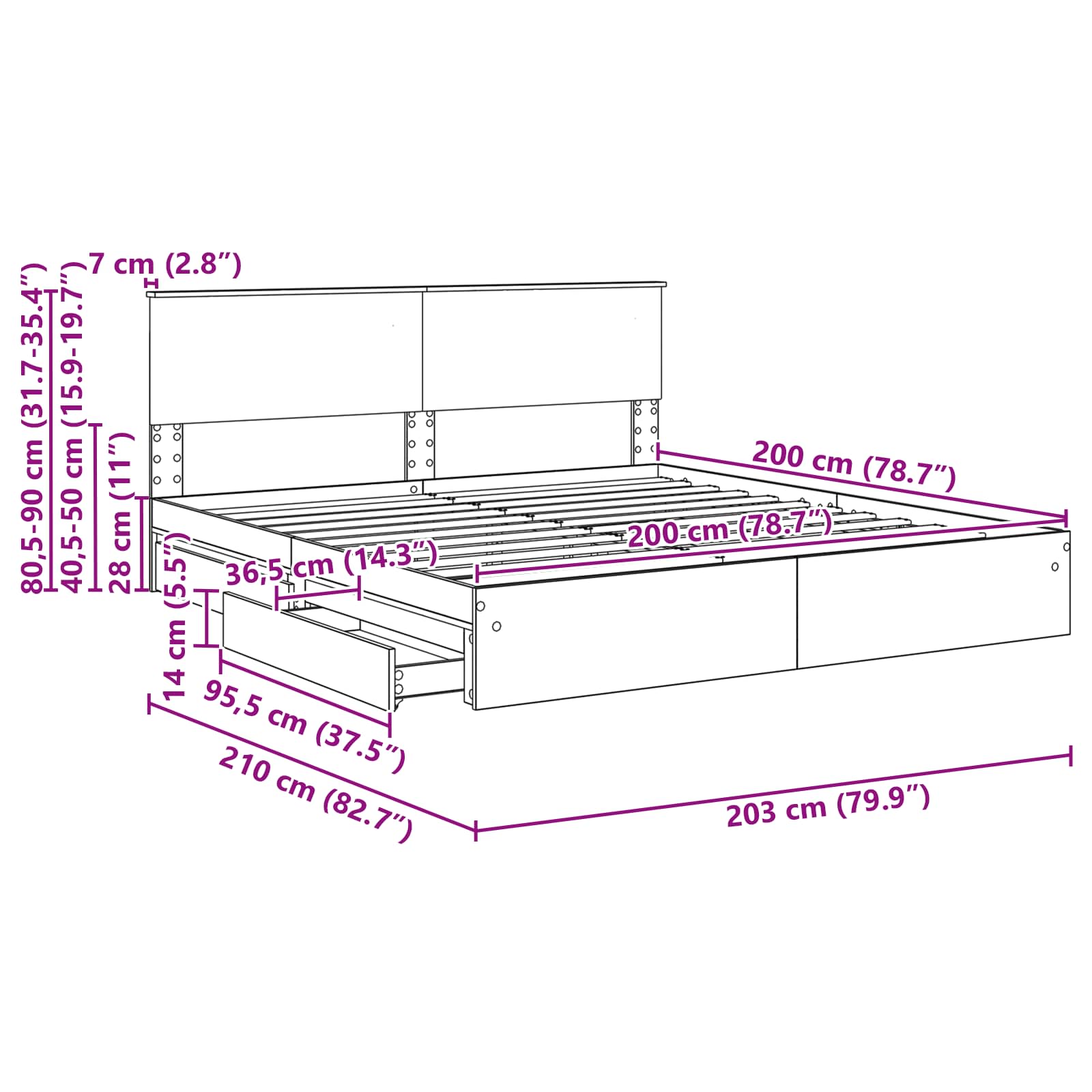 Postel s úložným prostorem s čelo Betonově šedá 200 x 200 cm - obrázek 14