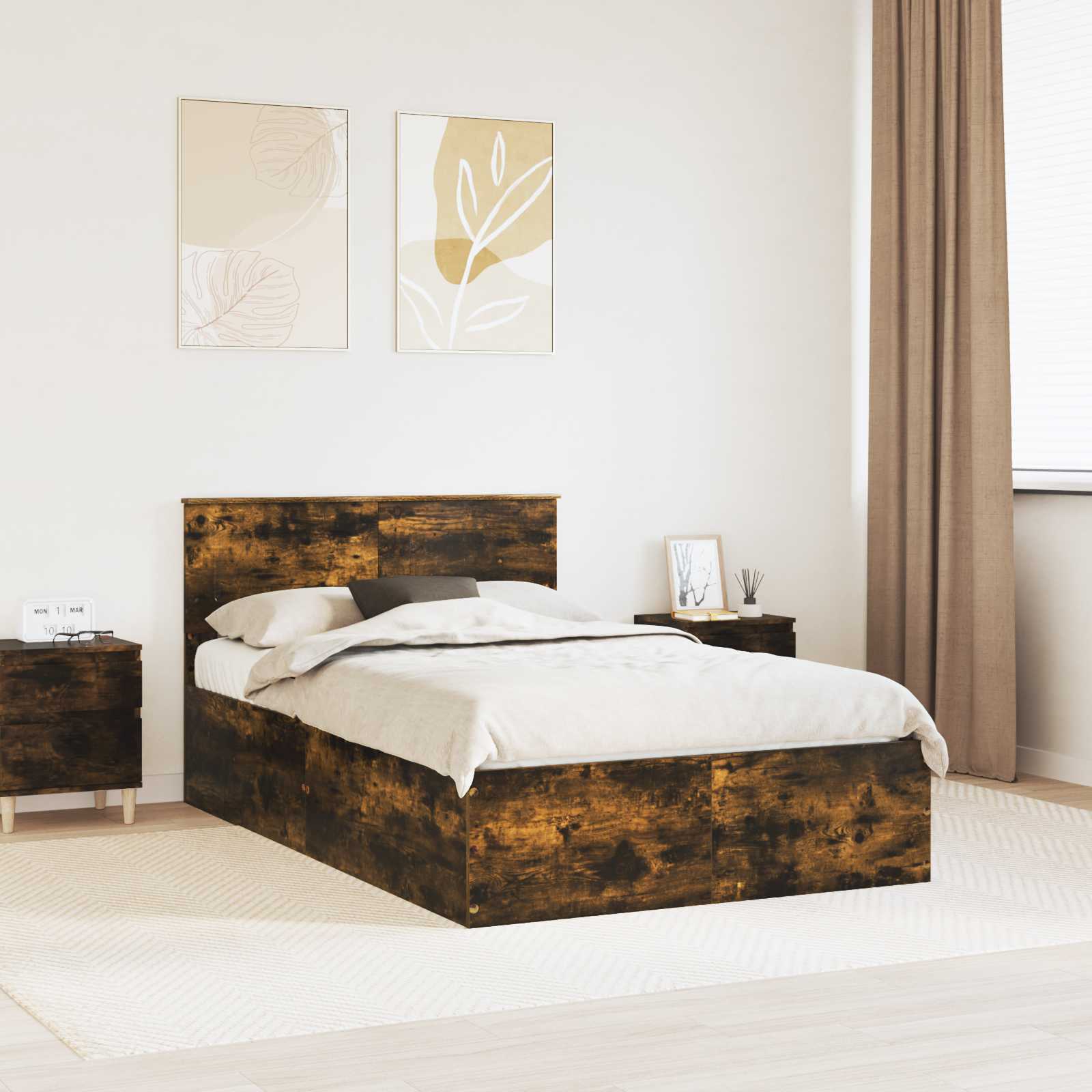 vidaXL Cadru de pat Stejar fumuriu 135 x 190 cm Lemn compozit