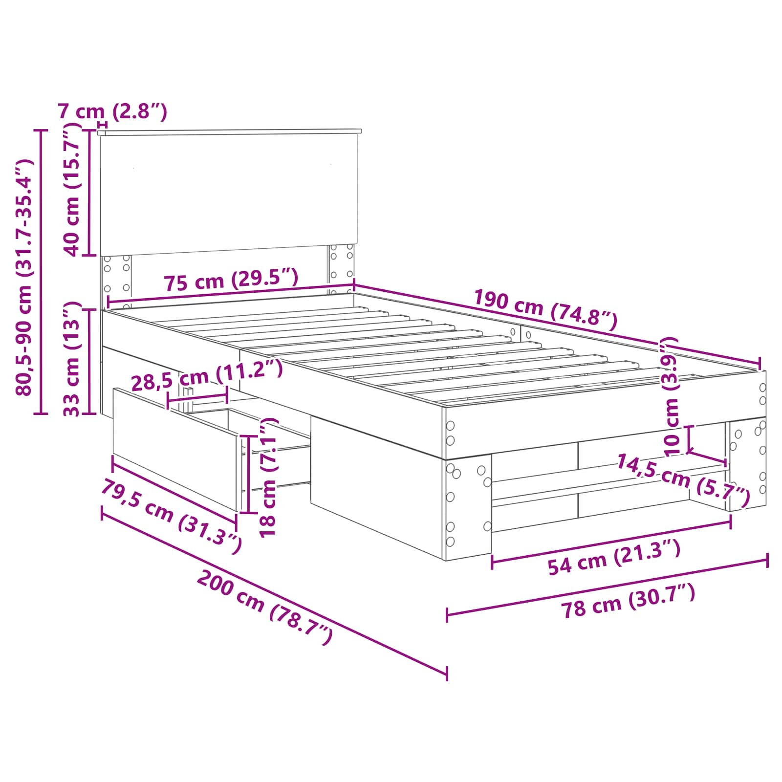 Rám postele s čelo Betonově šedá 80 x 200 cm kompozitní dřevo - obrázek 14