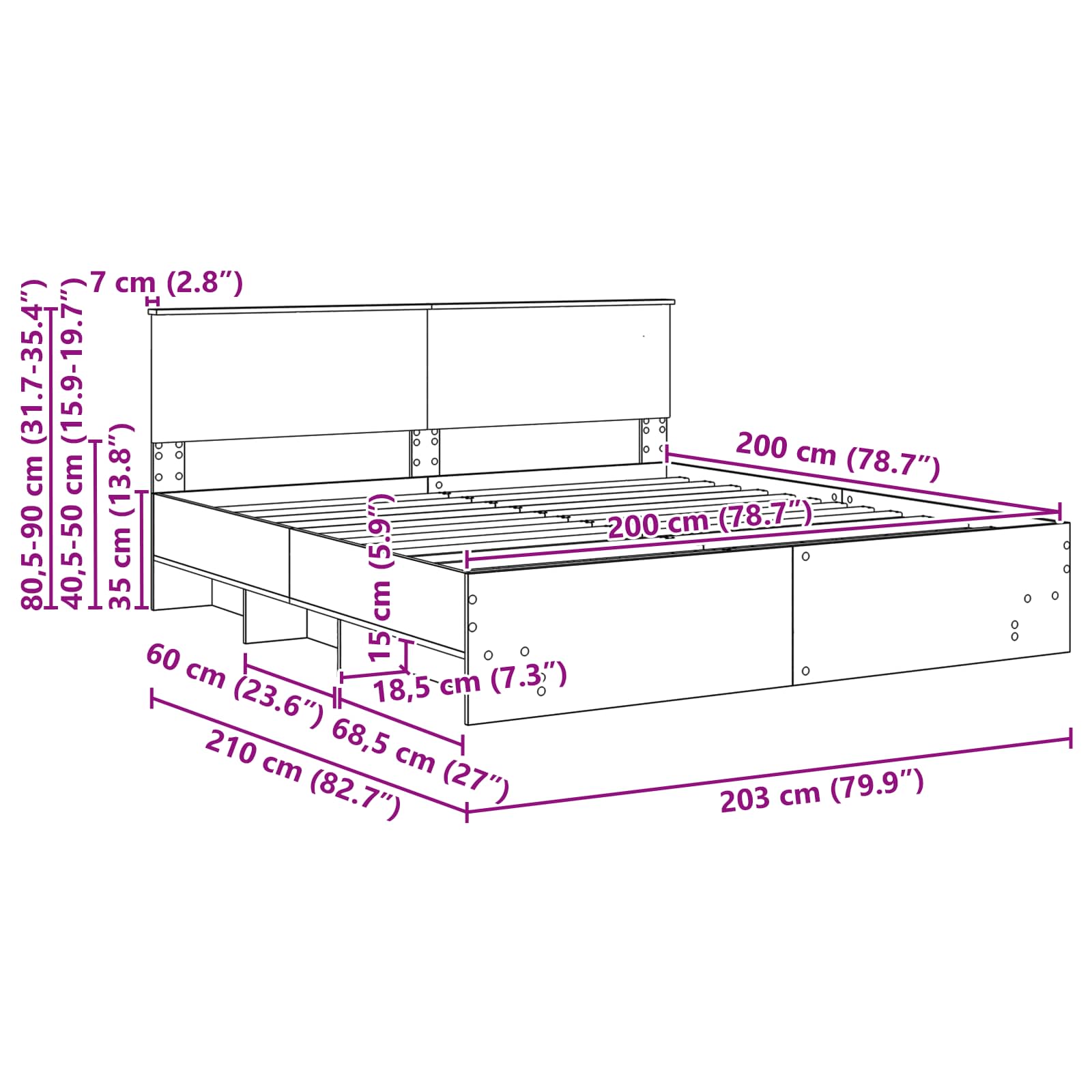 Konstrukcija postelje Bela 200 x 200 cm Konstruiran les - slika 13