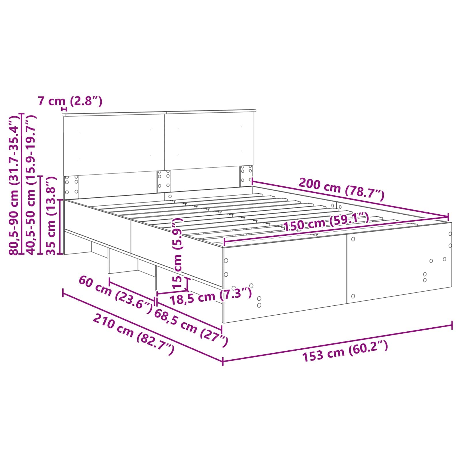 Konstrukcija postelje Bela 150 x 200 cm Konstruiran les - slika 13