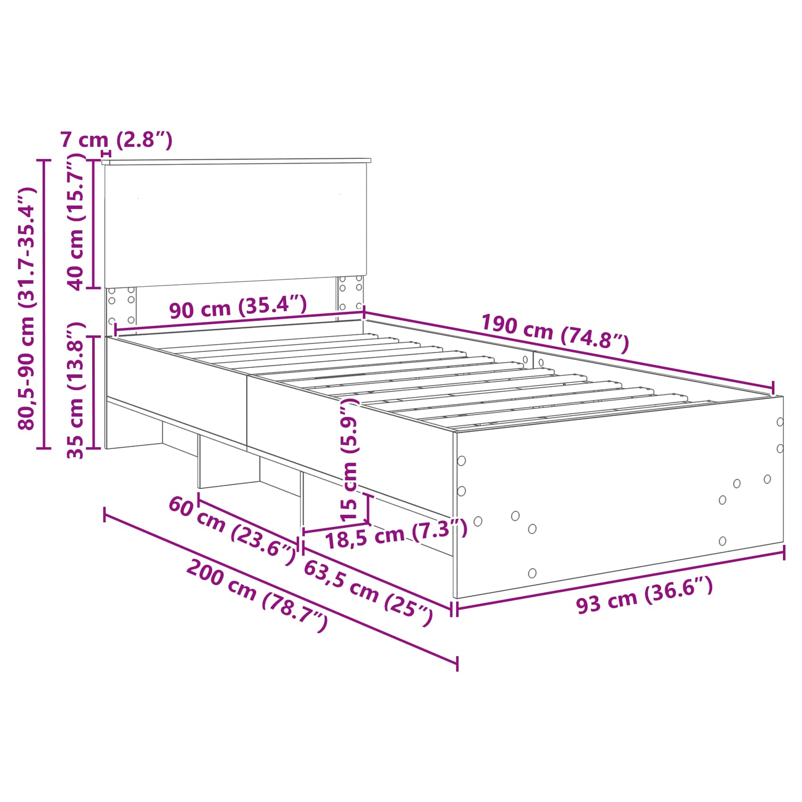 Konstrukcija postelje Bela 90 x 200 cm Konstruiran les - slika 13