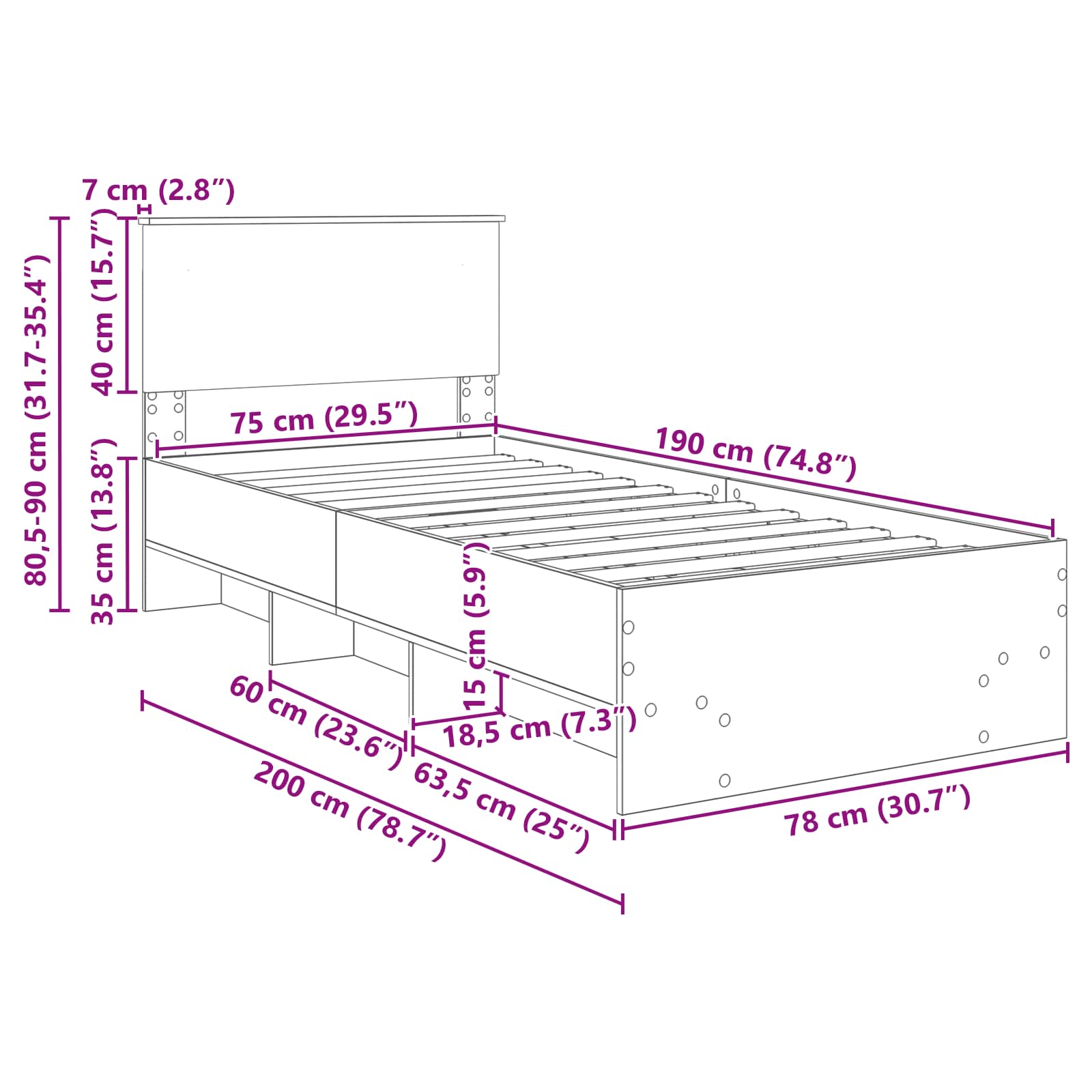 Konstrukcija postelje Bela 80 x 200 cm Konstruiran les - slika 13