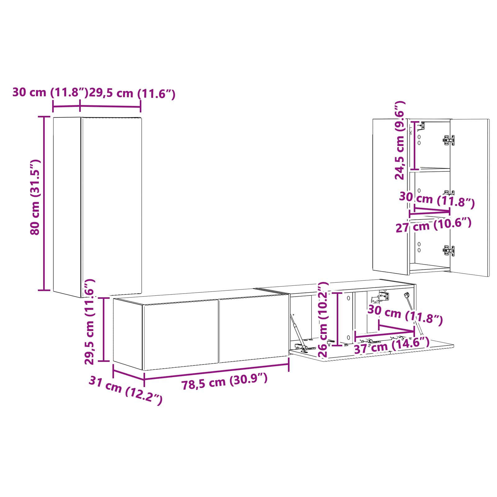 Set omare za televizijo na steni 4 pcs Črna Konstruiran les - slika 13