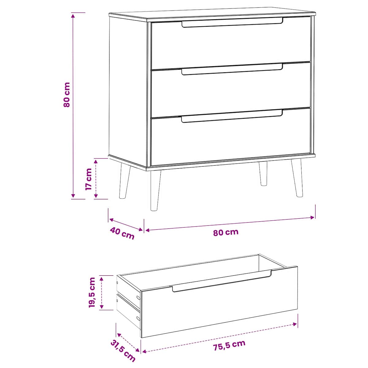 Skuffeskab MOLDE 80 x 40 x 80 cm Massivt fyrretræ - Billede 8