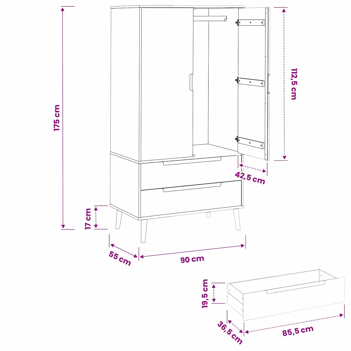 Garderobeskab MOLDE 90 x 55 x 175 cm Massivt fyrretræ - Billede 8
