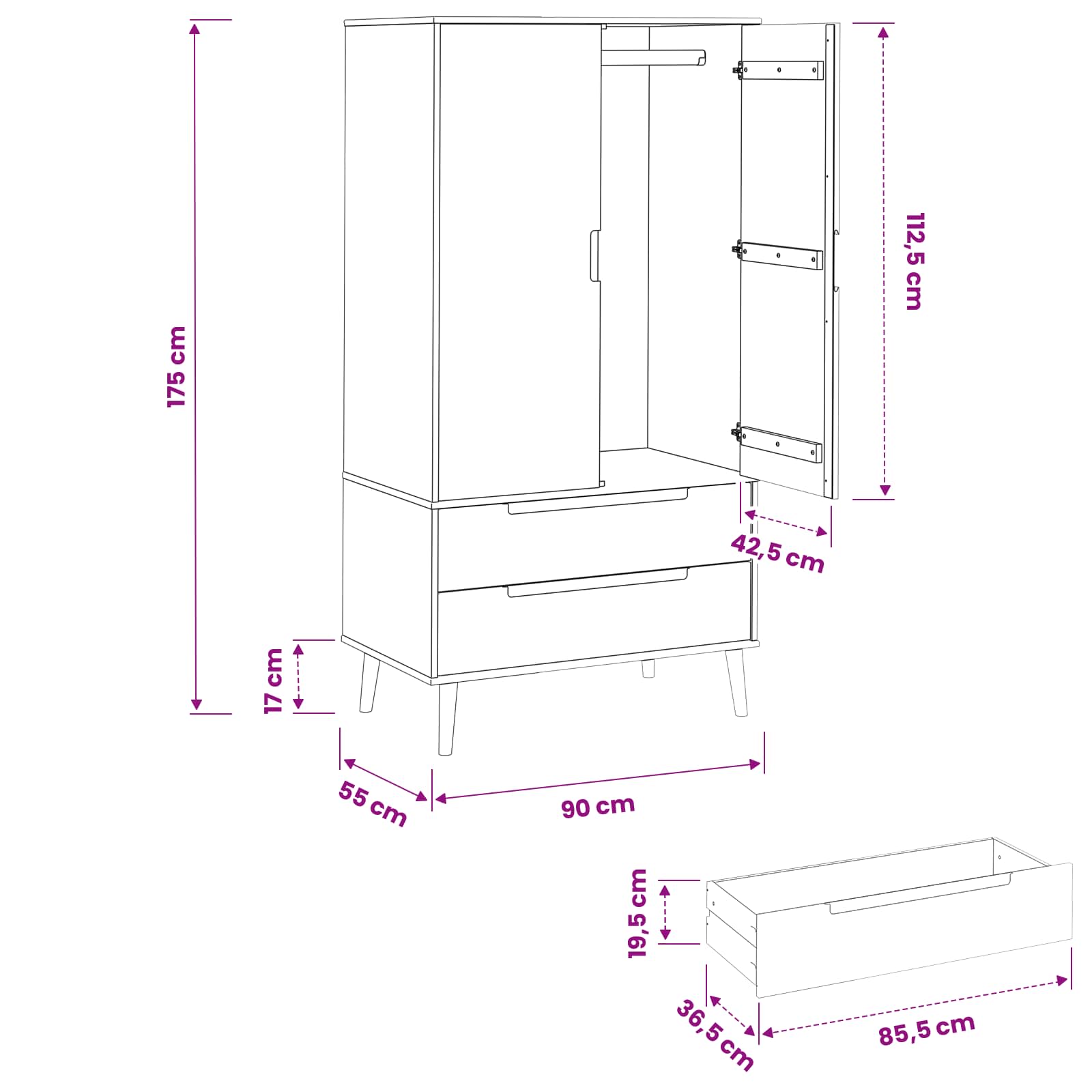 Kledingkast MOLDE Zwart 90 x 55 x 175 cm Massief grenenhout image 8