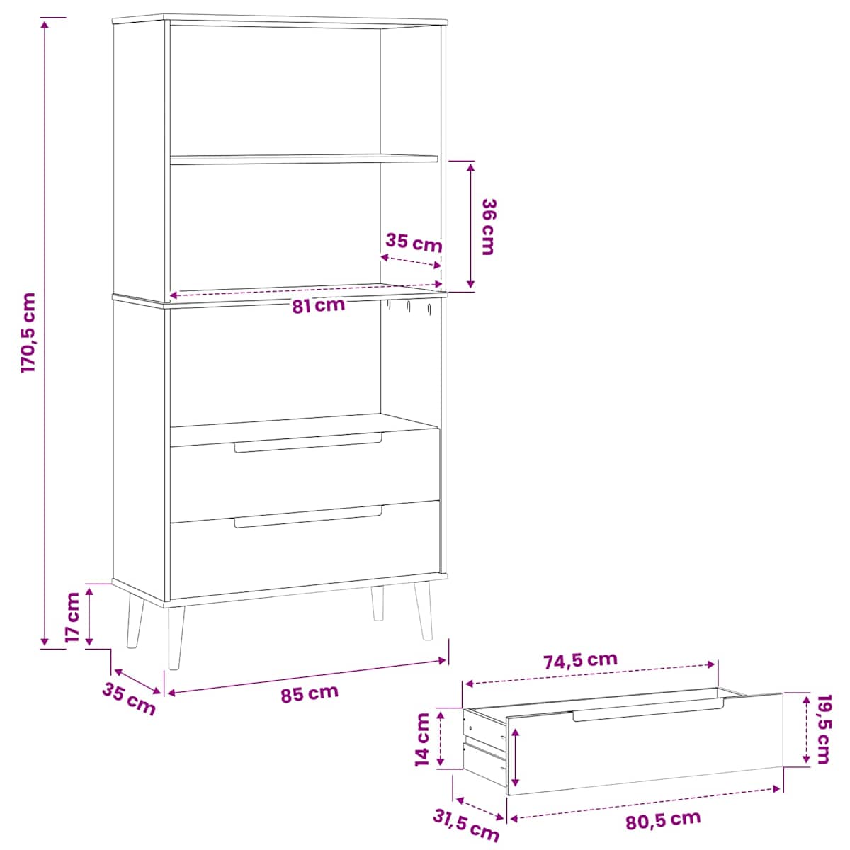 Bogreol MOLDE 85 x 35 x 170,5 cm Massivt fyrretræ - Billede 8