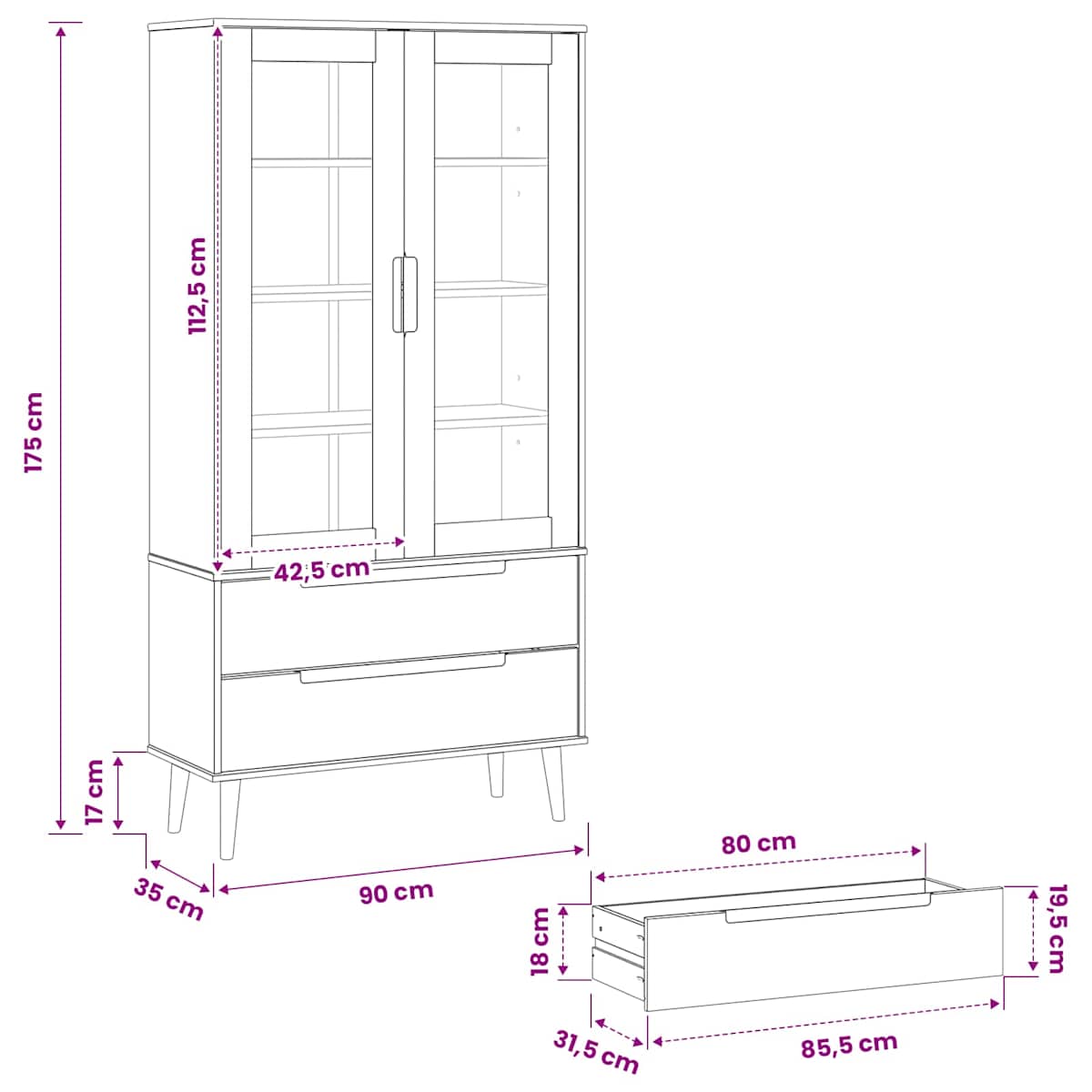 Glas Vitrine Skab MOLDE 90 x 35 x 175 cm Massivt fyrretræ - Billede 7