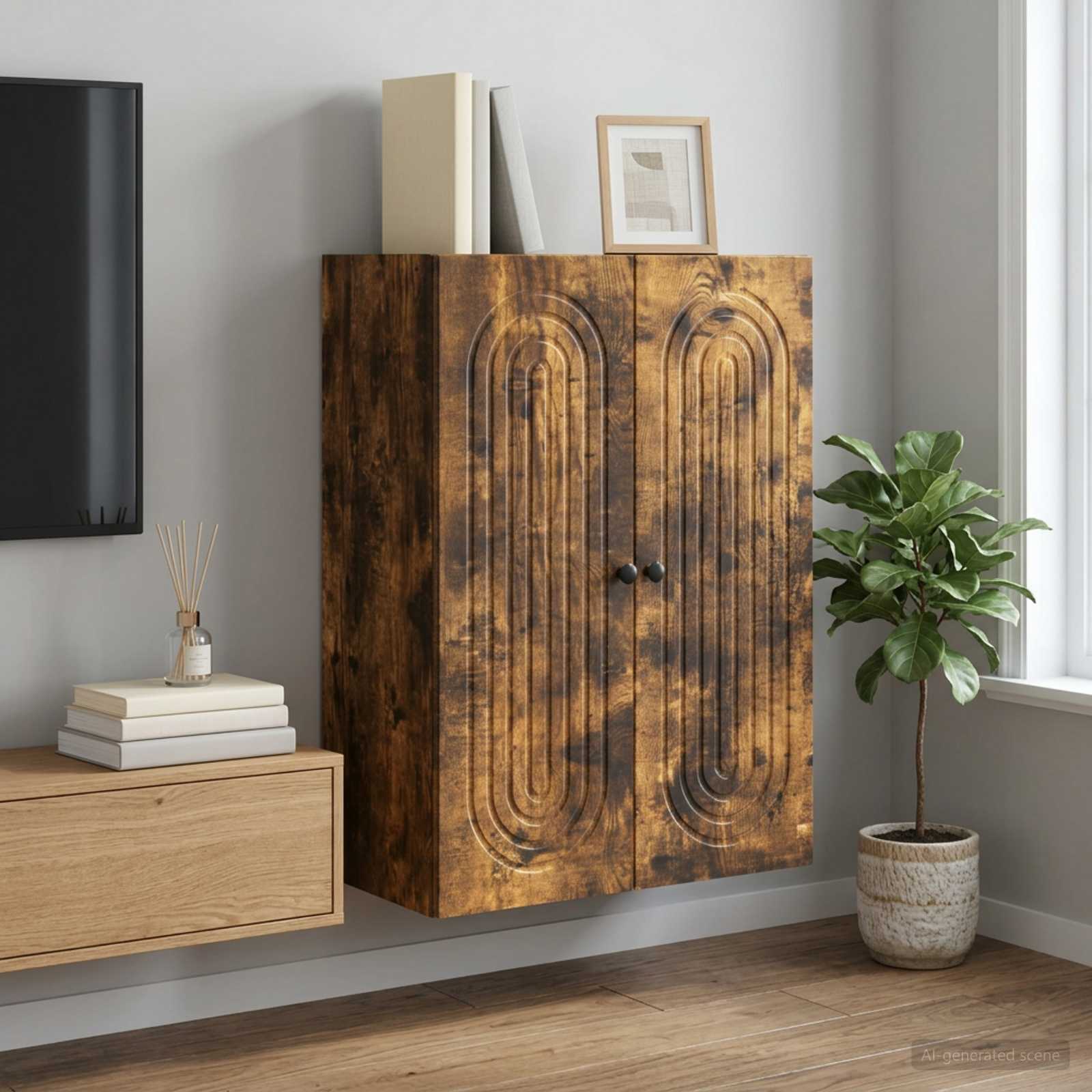 vidaXL Seinälle Kiinnitettävä Kaappi Savutammi 66 x 34,5 x 90 cm