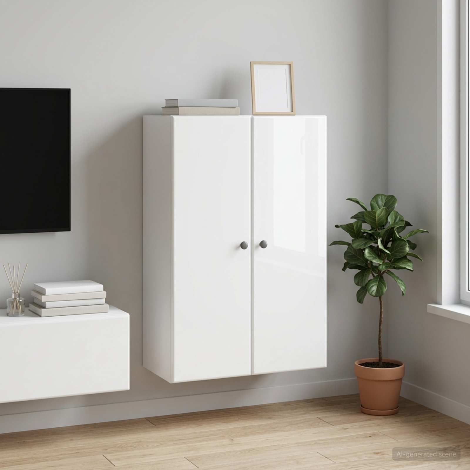 Vægmonteret skab i konstrueret træ 66 x 34,5 x 90 cm - hvid højglans