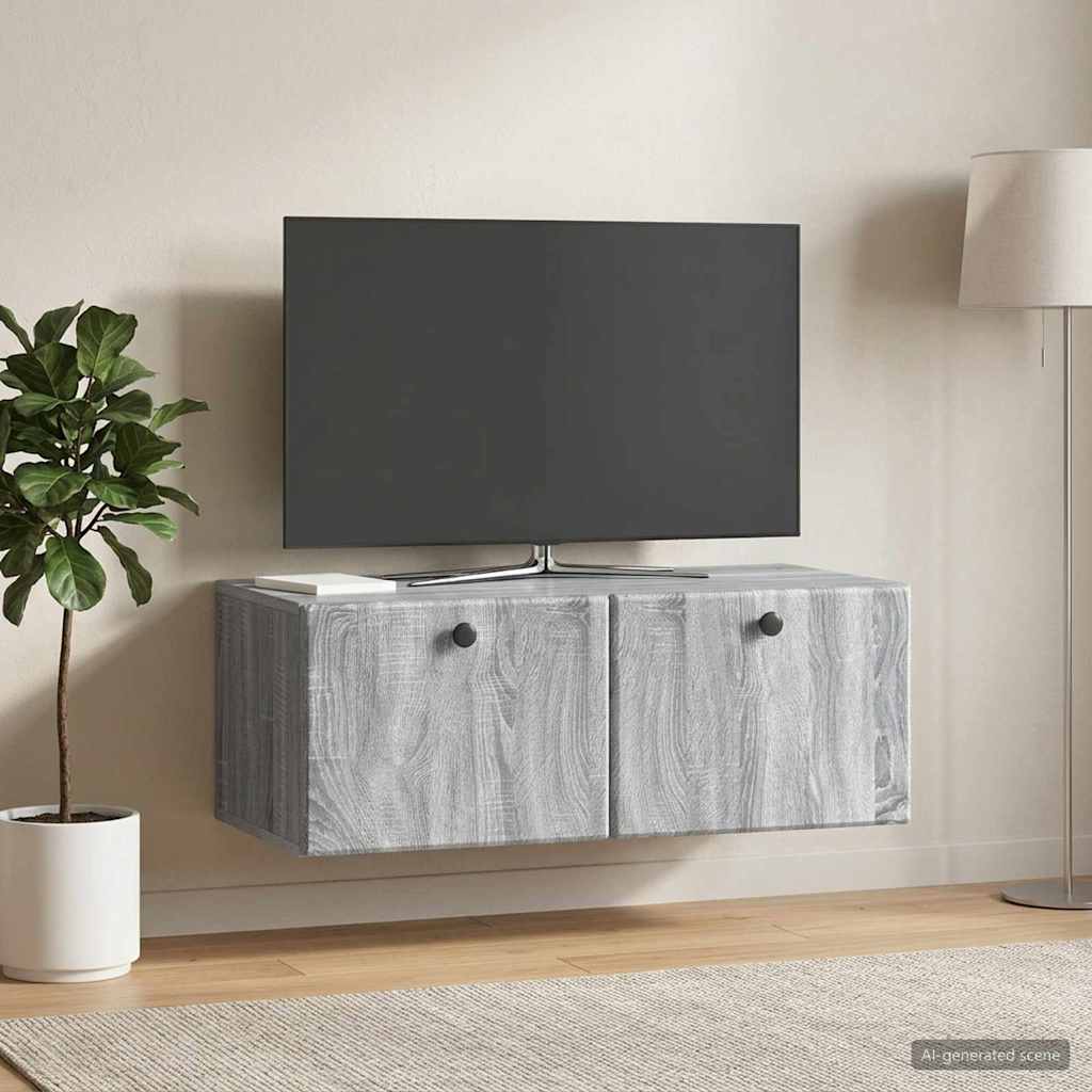 Seinälle asennettava TV-kaappi 78,5 x 41 x 30 cm Harmaa Sonoma - Image 4