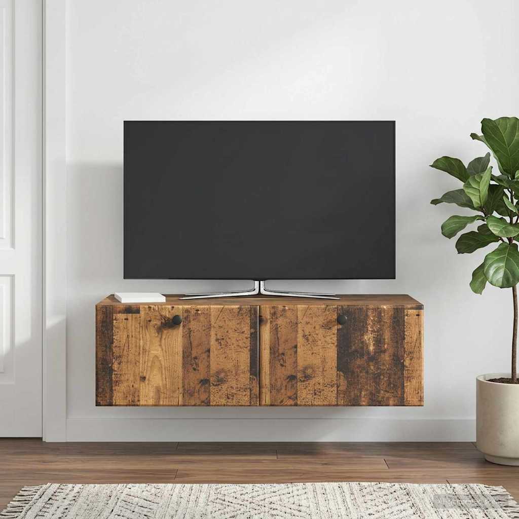Seinälle asennettava TV-kaappi 98 x 41 x 30 cm Vanha puu - Image 4