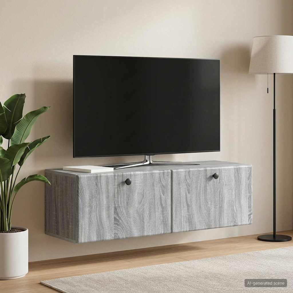 Seinälle asennettava TV-kaappi 98 x 31 x 30 cm Harmaa Sonoma - Image 4
