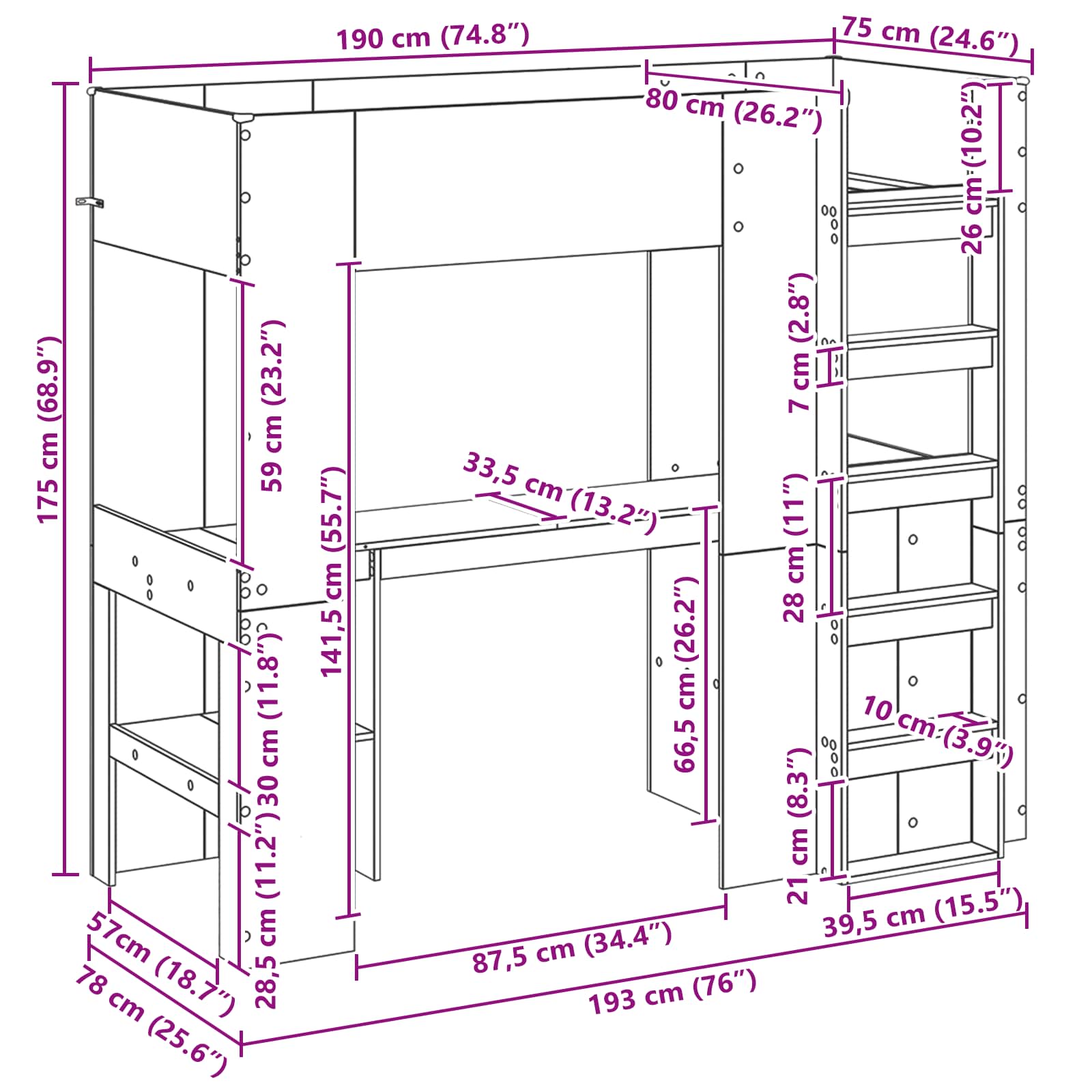 Postelja na podstrešju z mizo Betonsko siva 75 x 190 cm - slika 10