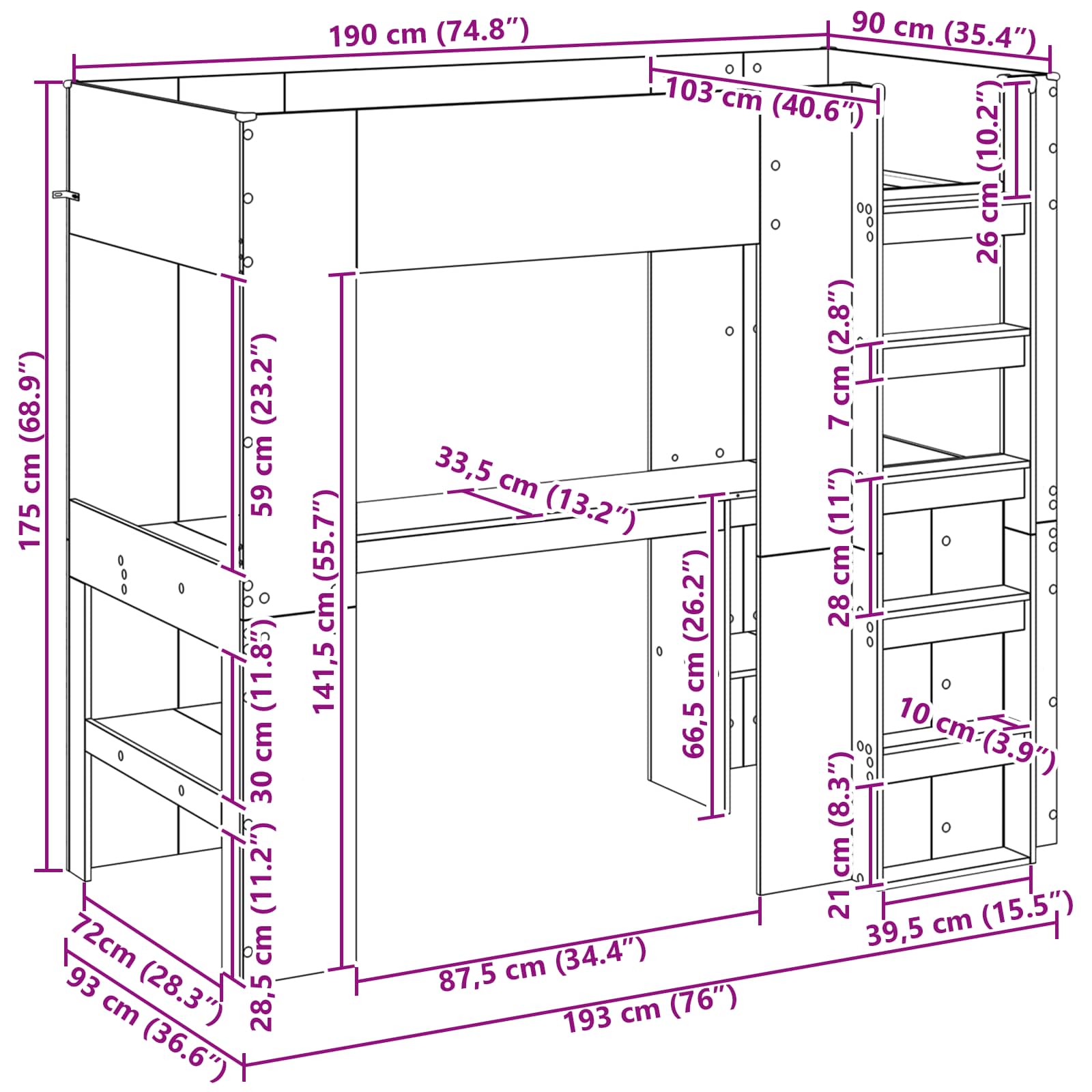 Postelja na podstrešju z mizo Dimljeni oreh 90 x 190 cm - slika 10
