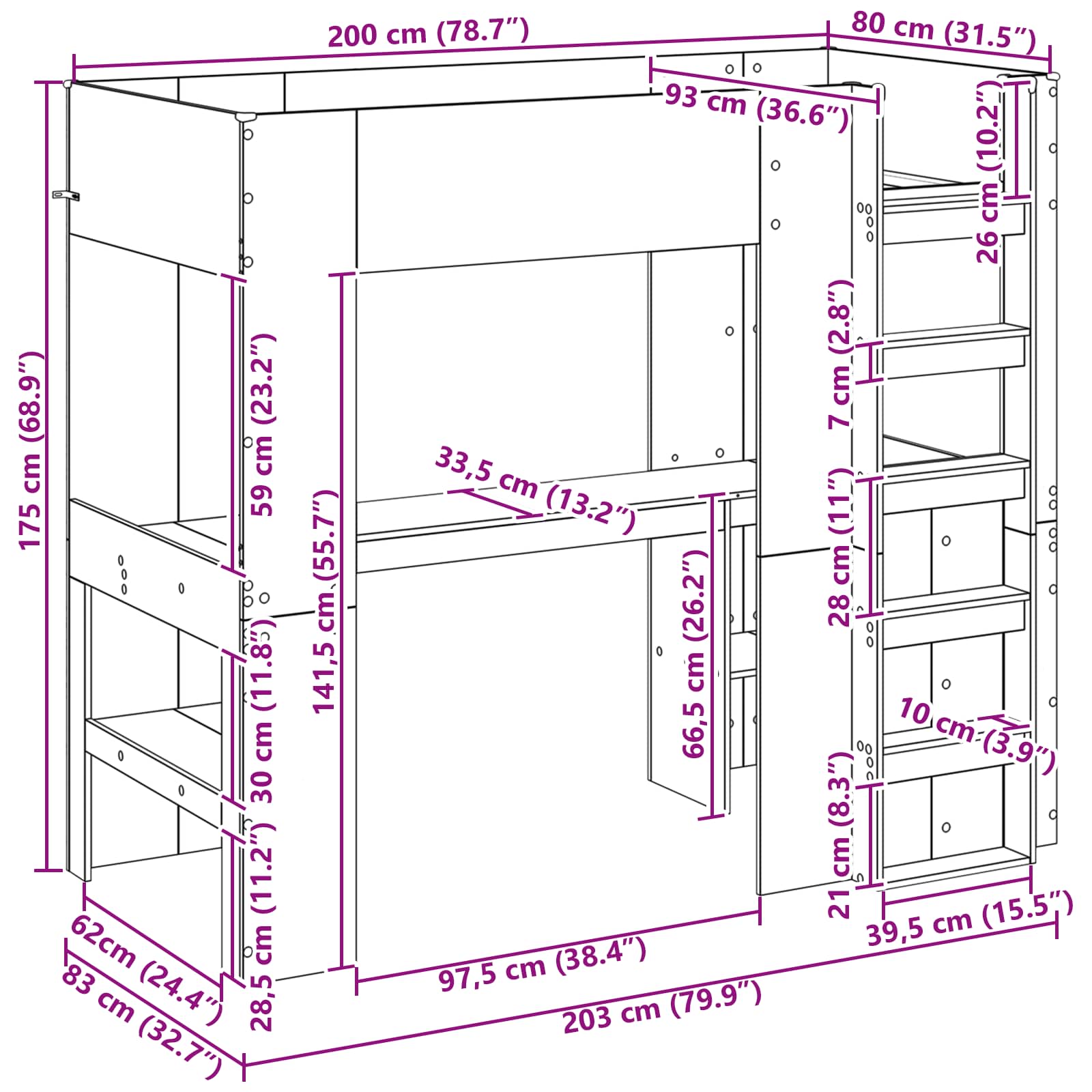 Postelja na podstrešju z mizo Bela 80 x 200 cm Konstruiran les - slika 10
