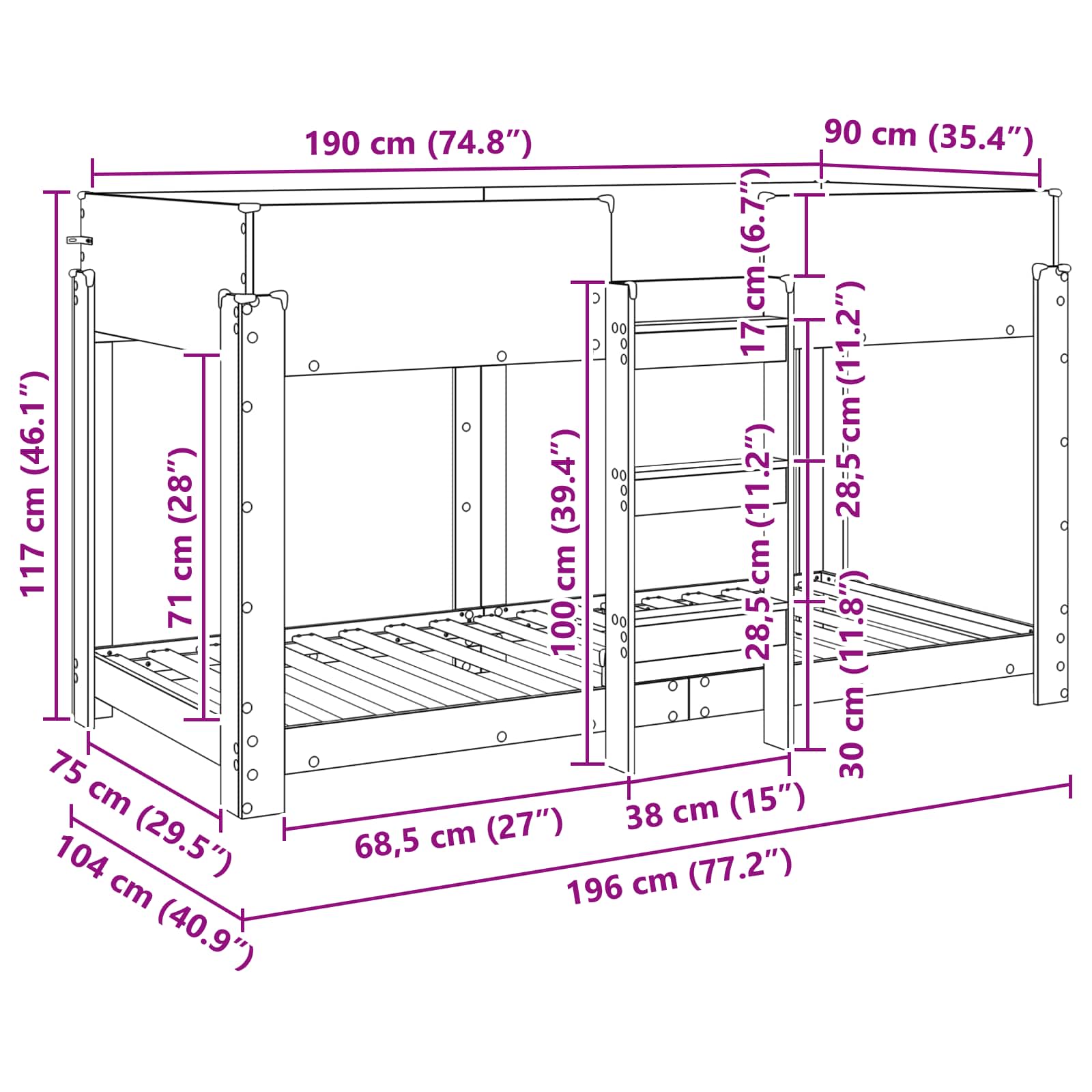 Kerrossänky Lapset Betoni Harmaa 100 x 190 cm Tekninen puu - Image 10