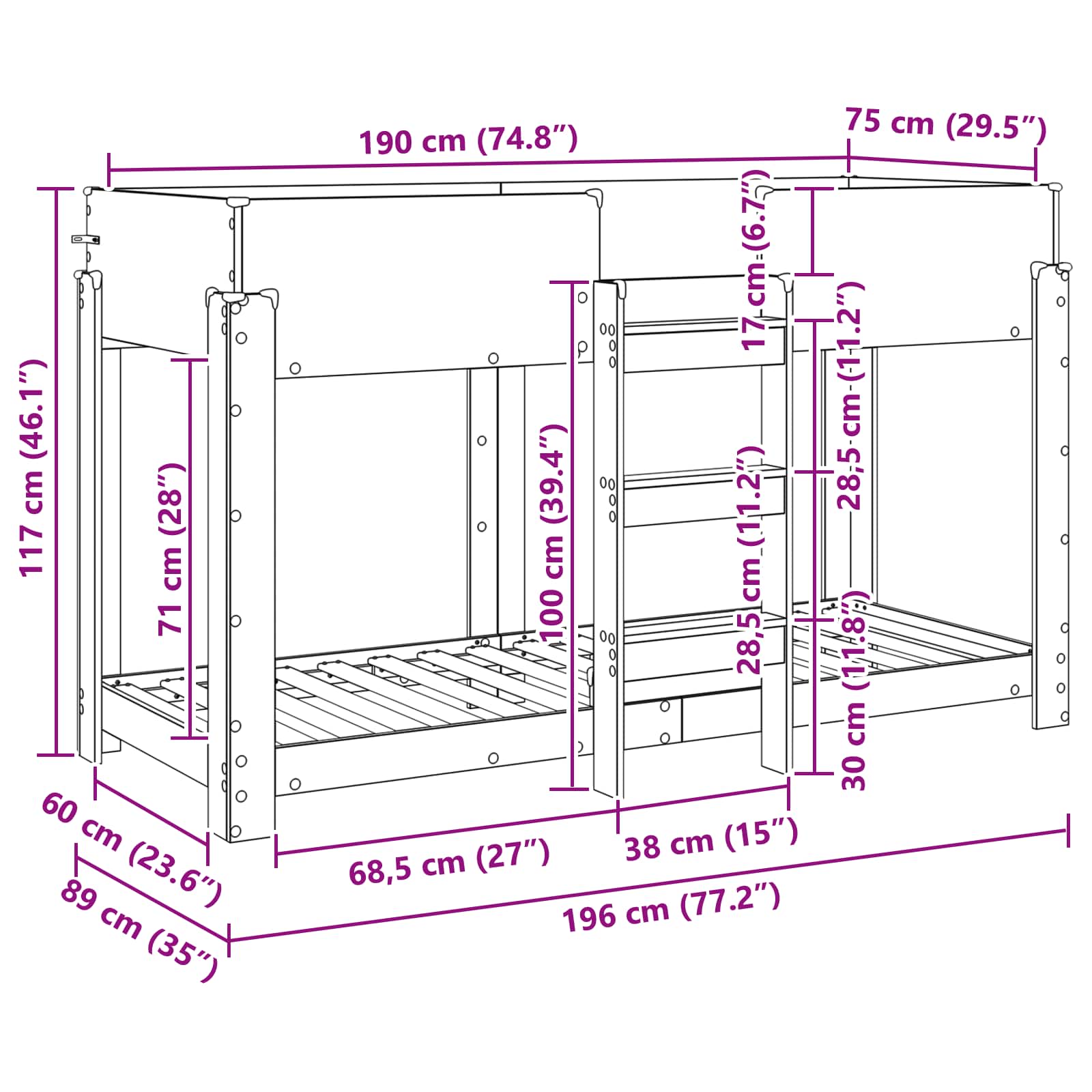 Kerrossänky Lapset Musta tammi. 2FT6 Small Single Tekninen puu - Image 10