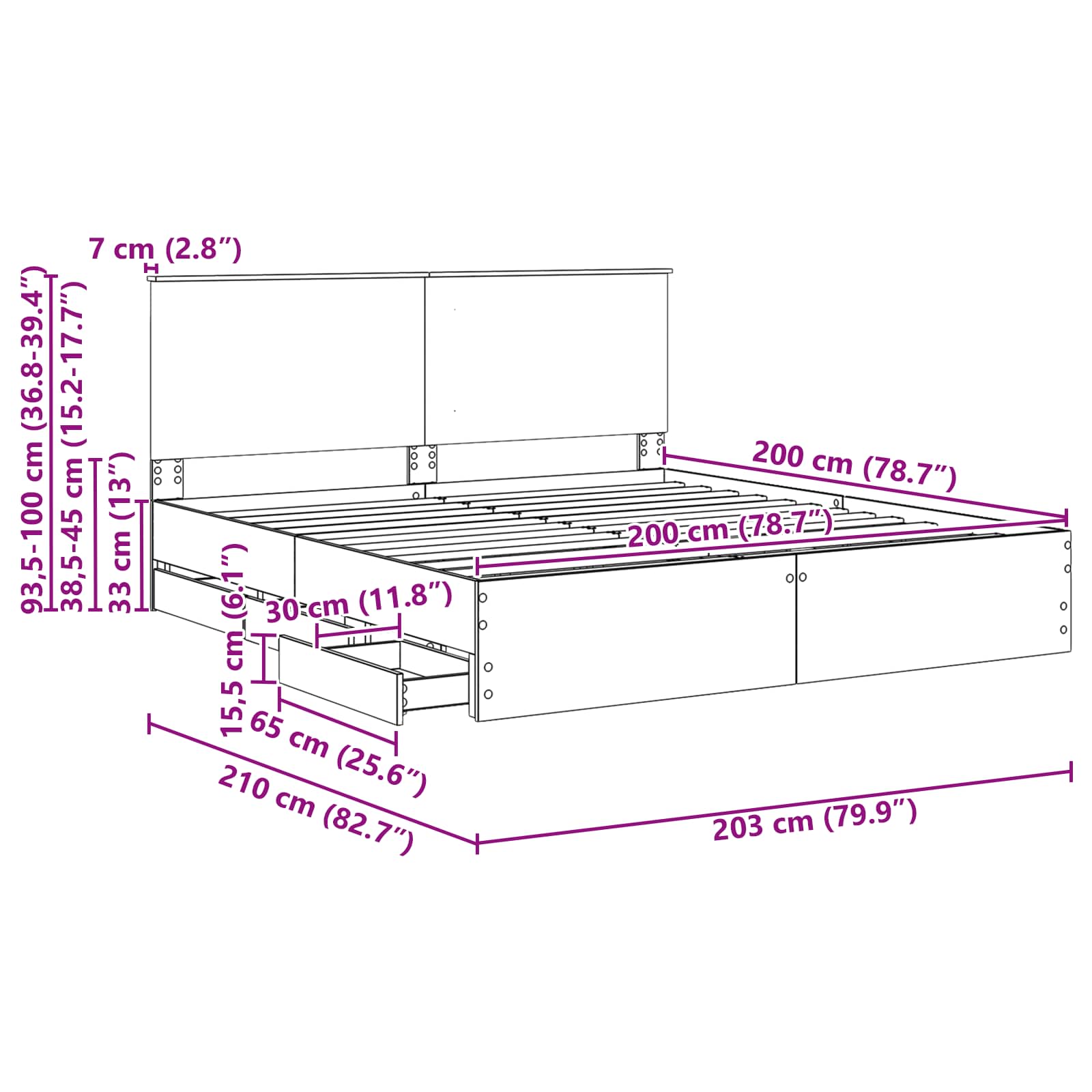 Rám postele se zásuvkou Bílá 200 x 200 cm Inženýrské dřevo - obrázek 14