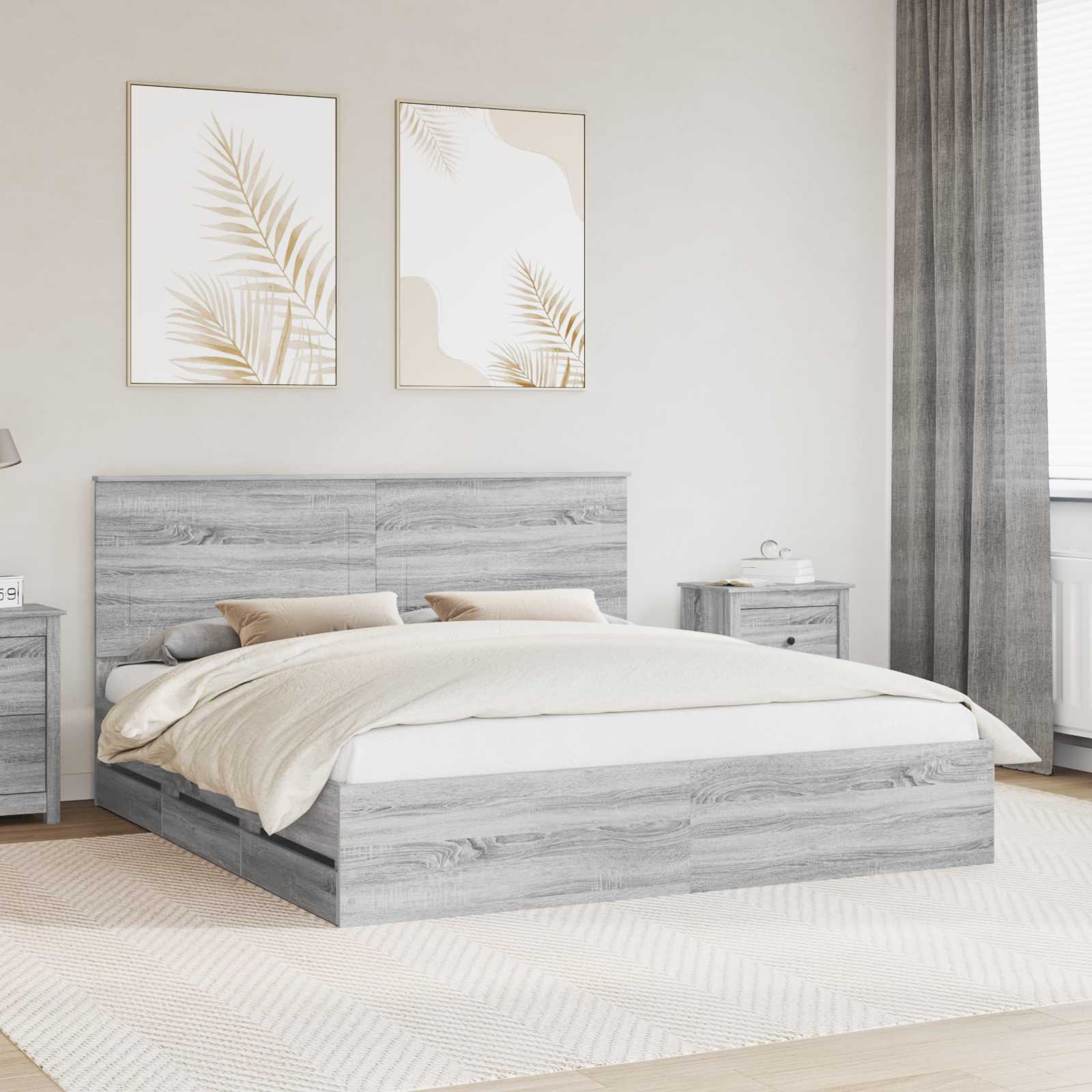 vidaXL Cadru de pat cu sertar Gri Sonoma 200 x 200 cm Lemn Ingineresc