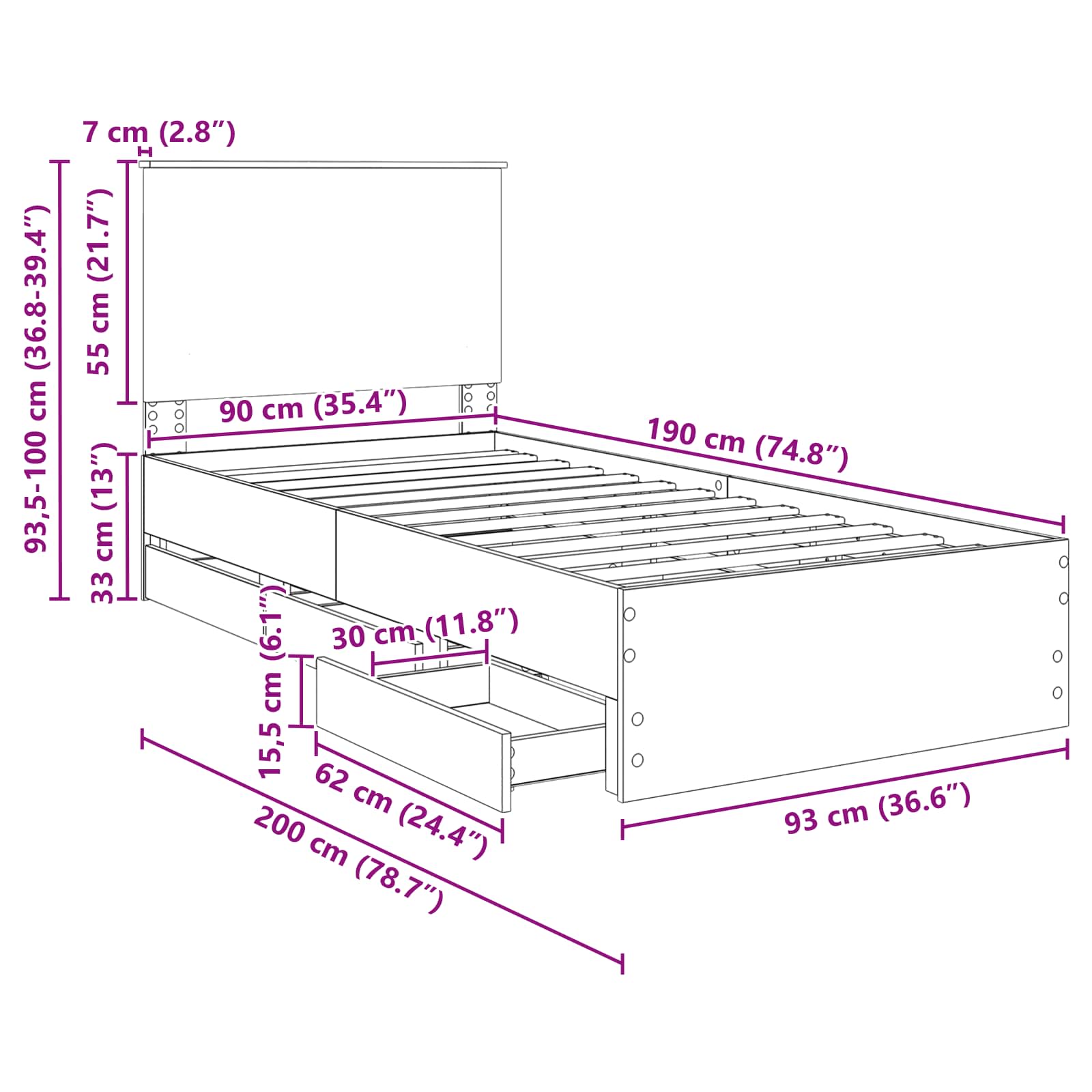 Rám postele se zásuvkou Černá 90 x 190 cm Inženýrské dřevo - obrázek 14