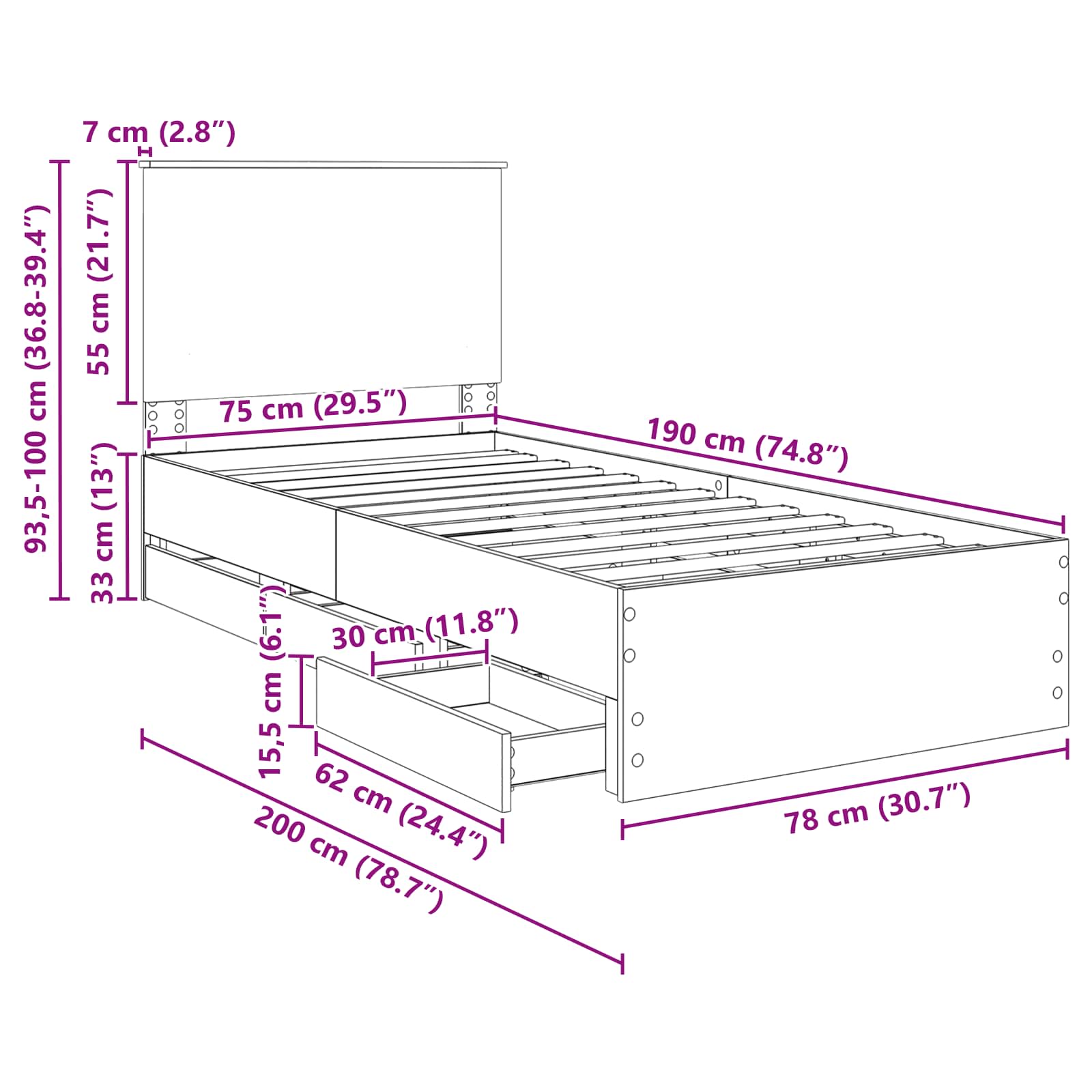 Rám postele se zásuvkou Sonoma dub 75 x 190 cm Inženýrské dřevo - obrázek 14