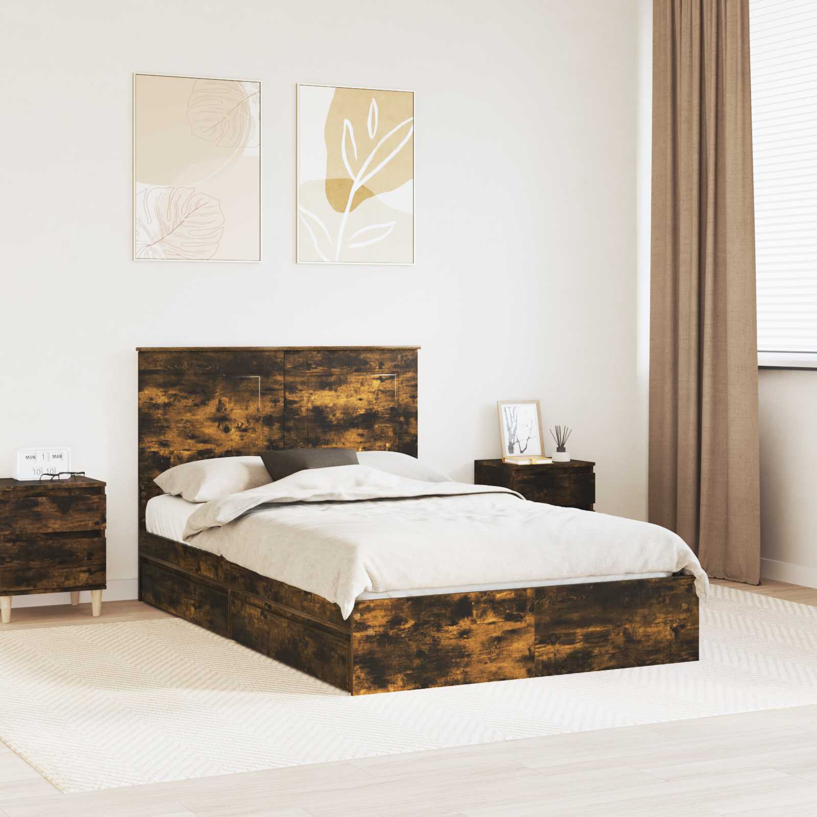 vidaXL Pat cu storage Stejar fumuriu 135 x 190 cm Lemn compozit