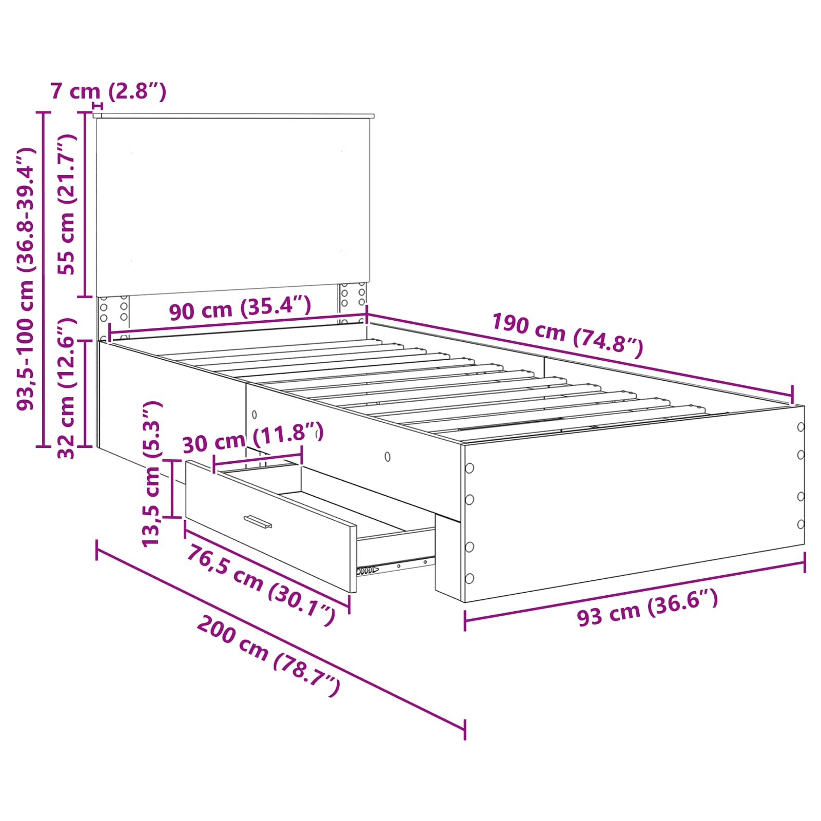 Rám postele s čelo Sonoma dub 90 x 190 cm kompozitní dřevo - obrázek 14