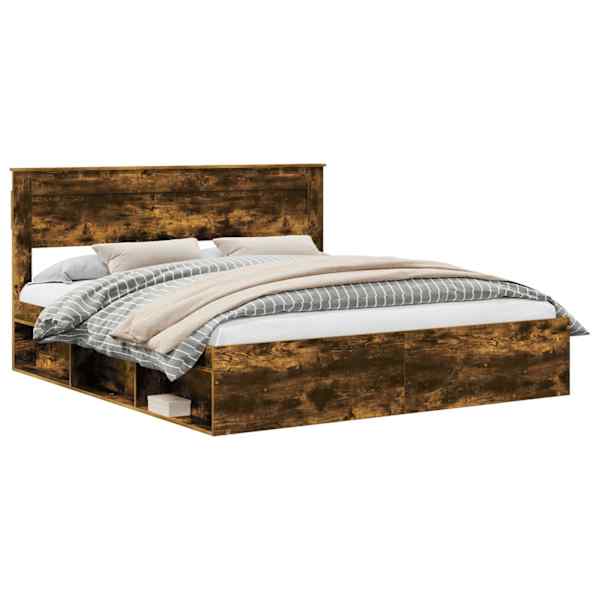 vidaXL Voodi raam peaga Suitsetatud tamm 200 x 200 cm Tahke m&auml;nd
