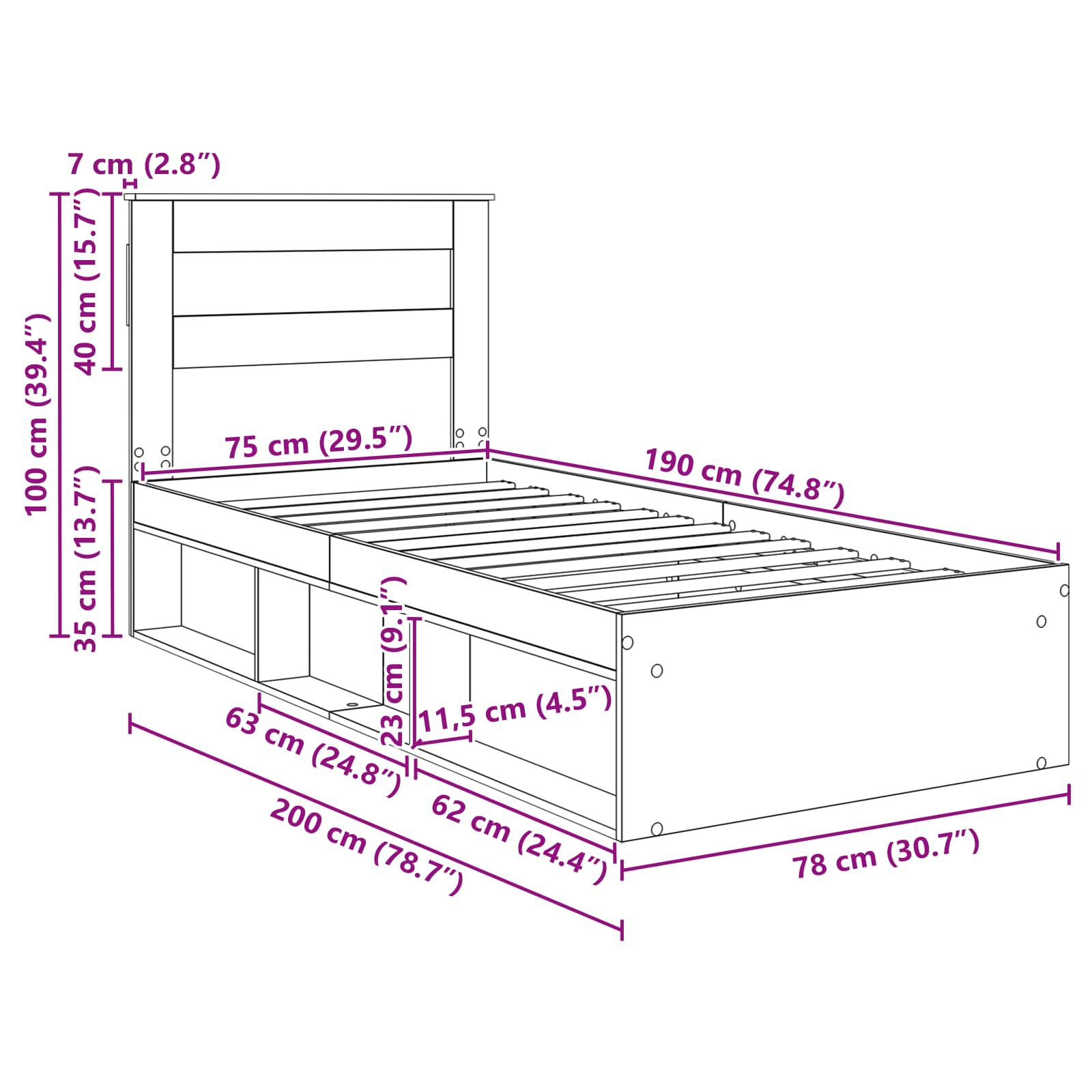 Bedframe met hoofdeinde Oudhout 75 x 190 cm Massief grenenhout image 13