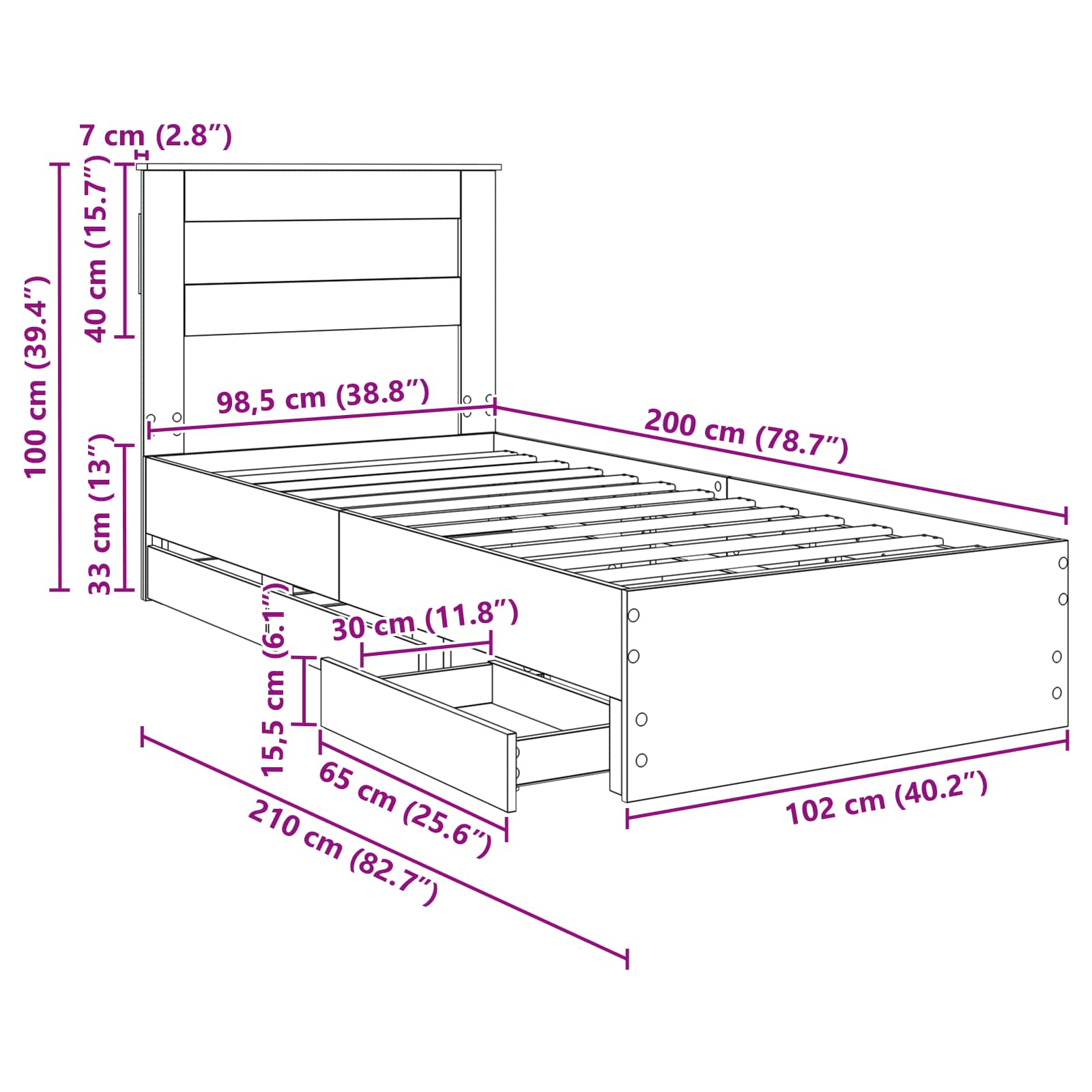 Rám postele s čelo Kouřový dub 100 x 200 cm Inženýrské dřevo - obrázek 14