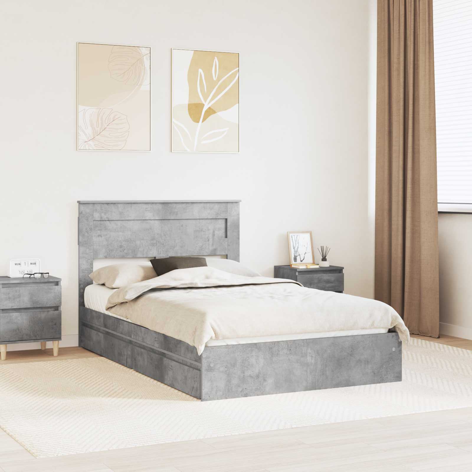 vidaXL Pat cu storage Gri din beton 135 x 190 cm Lemn compozit