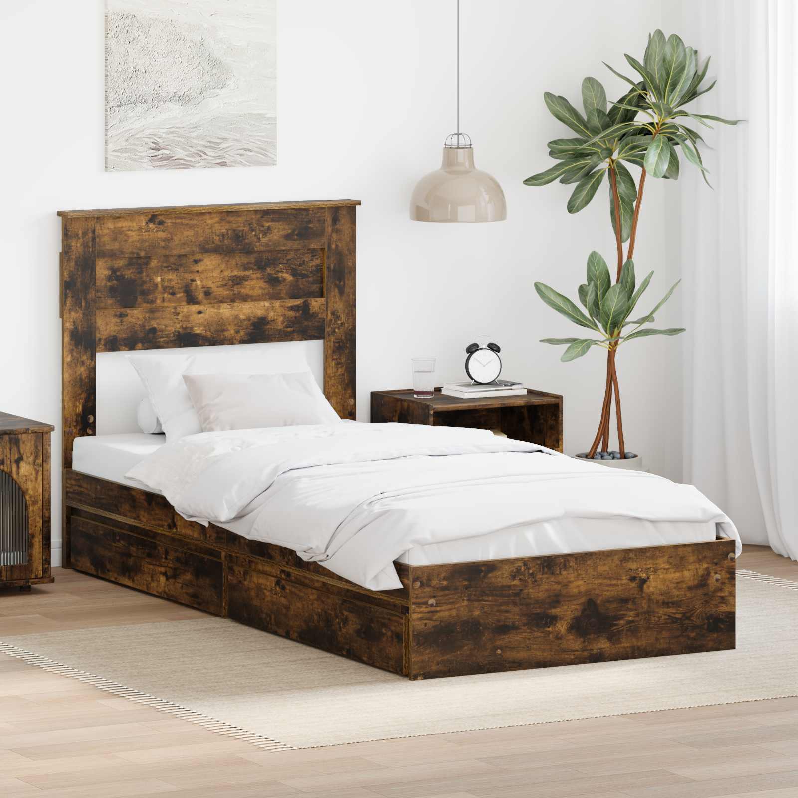 vidaXL Pat cu storage Stejar fumuriu 100 x 200 cm Lemn compozit