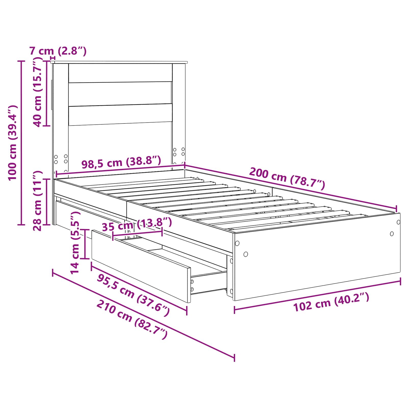 Postel s úložným prostorem s čelo Kouřový dub 100 x 200 cm - obrázek 14
