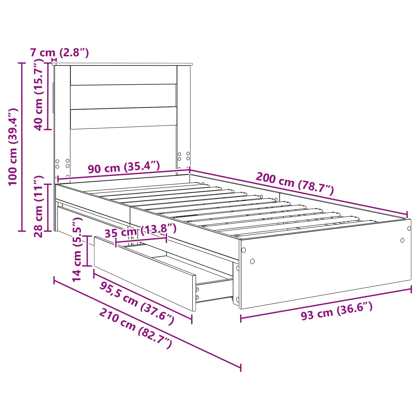 Postel s úložným prostorem s čelo Kouřový dub 90 x 200 cm - obrázek 14