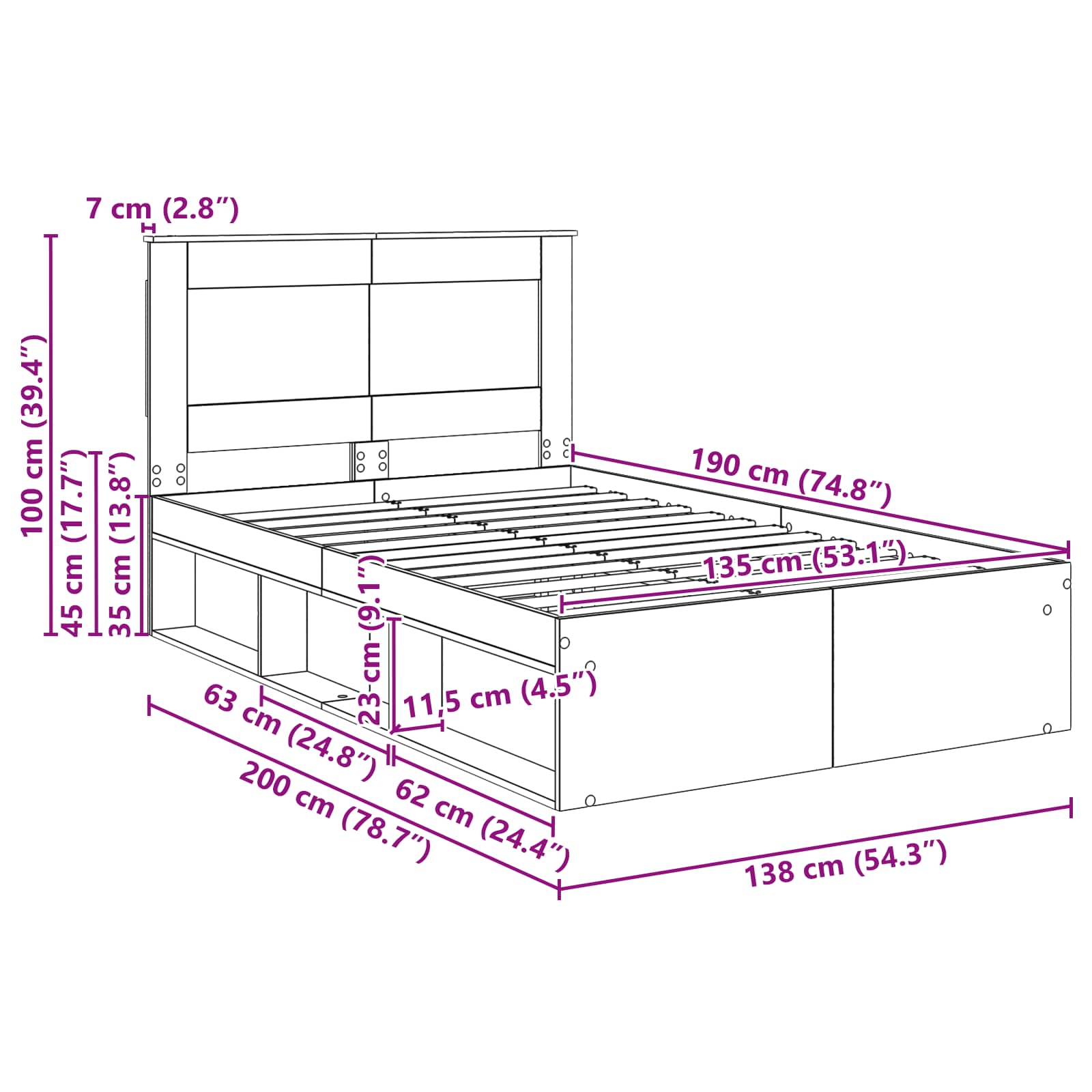 Konstrukcija postelje Črna 135 x 190 cm Masivno borovo les - slika 13