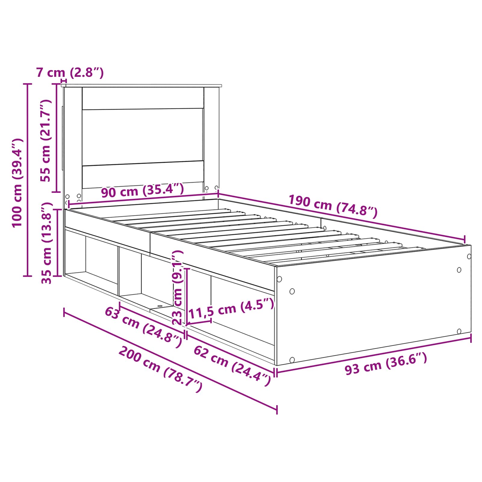 Bedframe Gerookt eiken 90 x 190 cm Massief grenenhout image 13