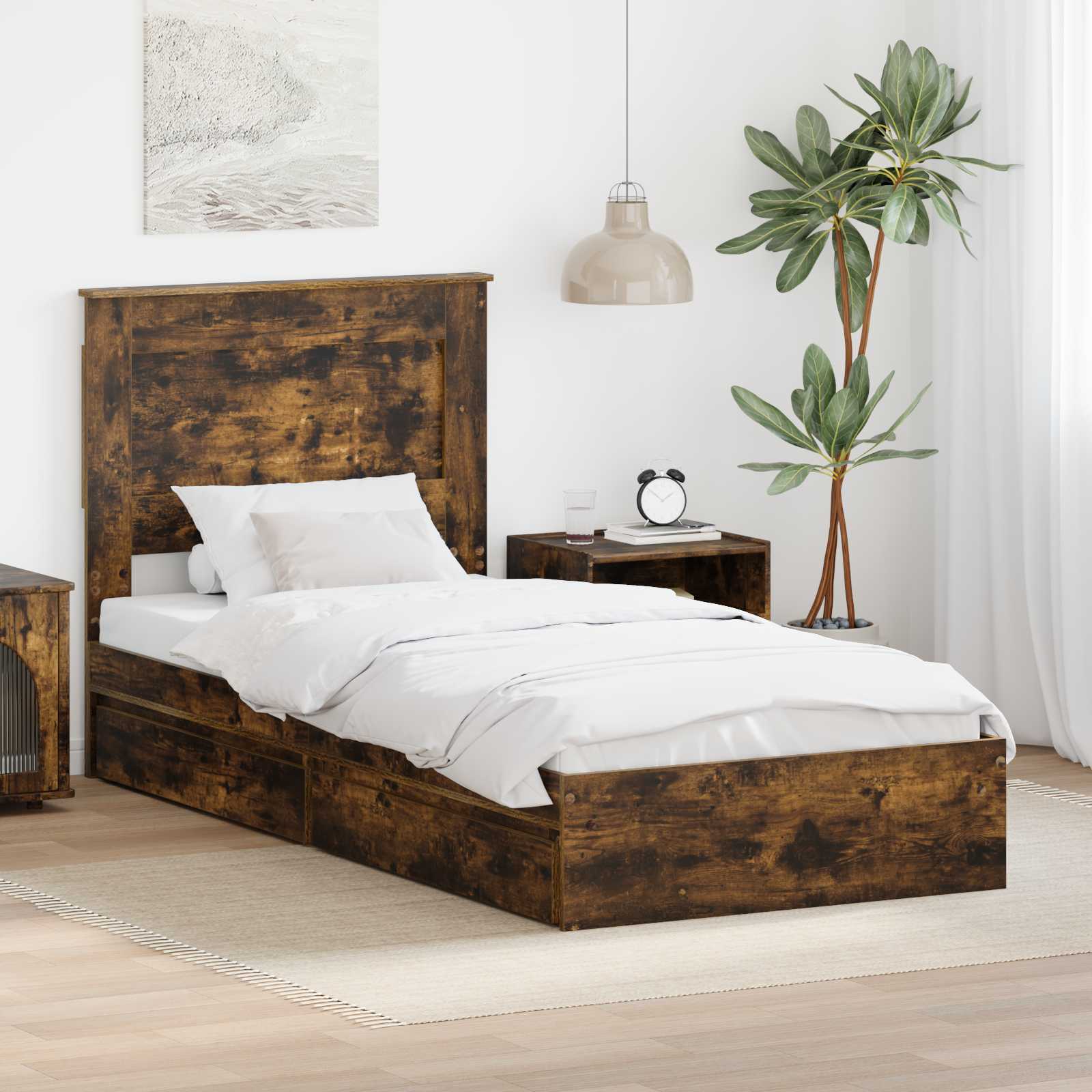 vidaXL Pat cu storage Stejar fumuriu 90 x 190 cm Lemn compozit