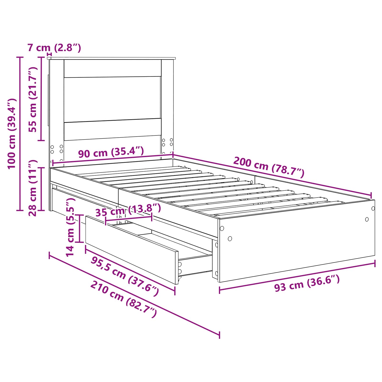 Postel s úložným prostorem s čelo Kouřový dub 90 x 200 cm - obrázek 14