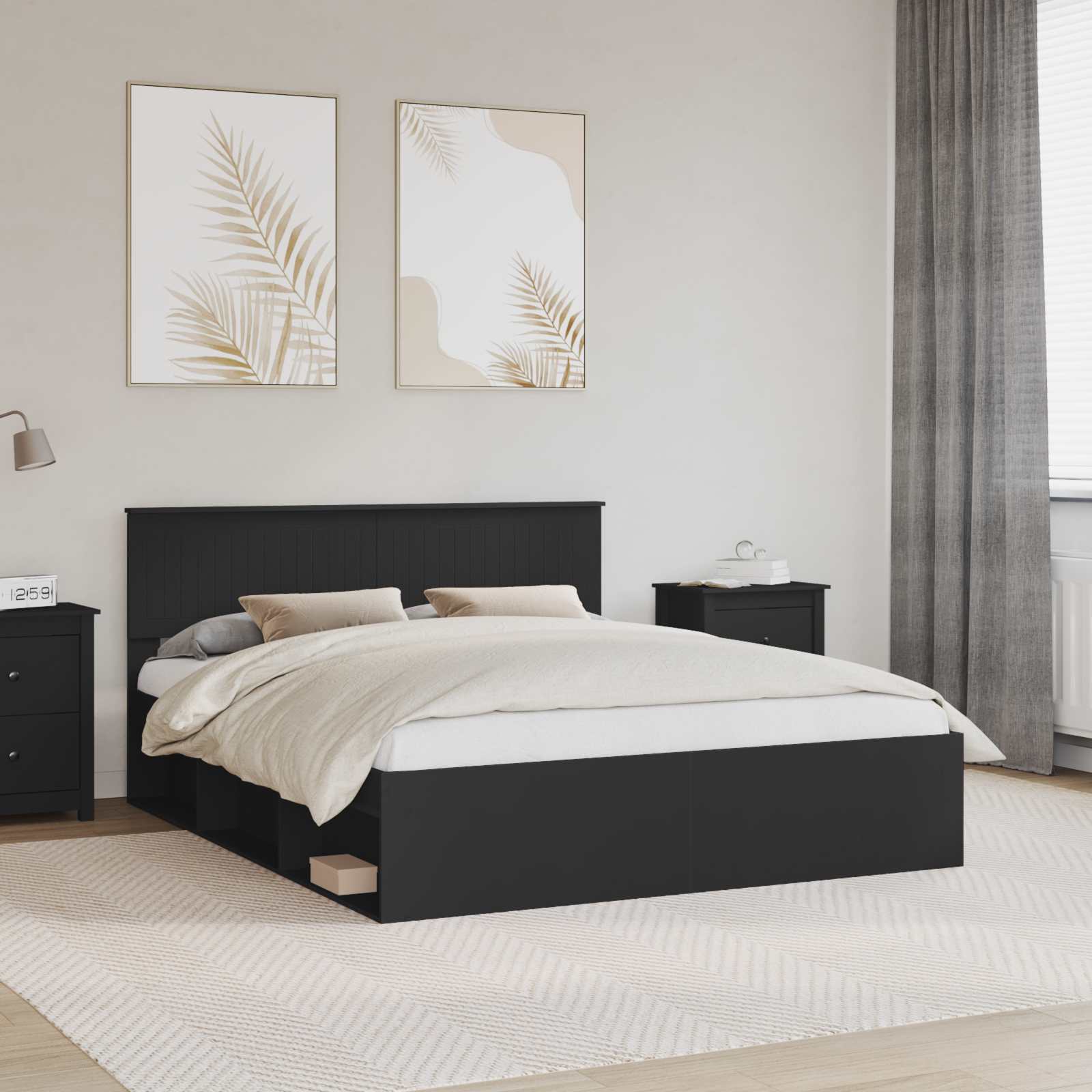 vidaXL Cadru de pat cu headboard Negru 160 x 200 cm Lemn de pin masiv