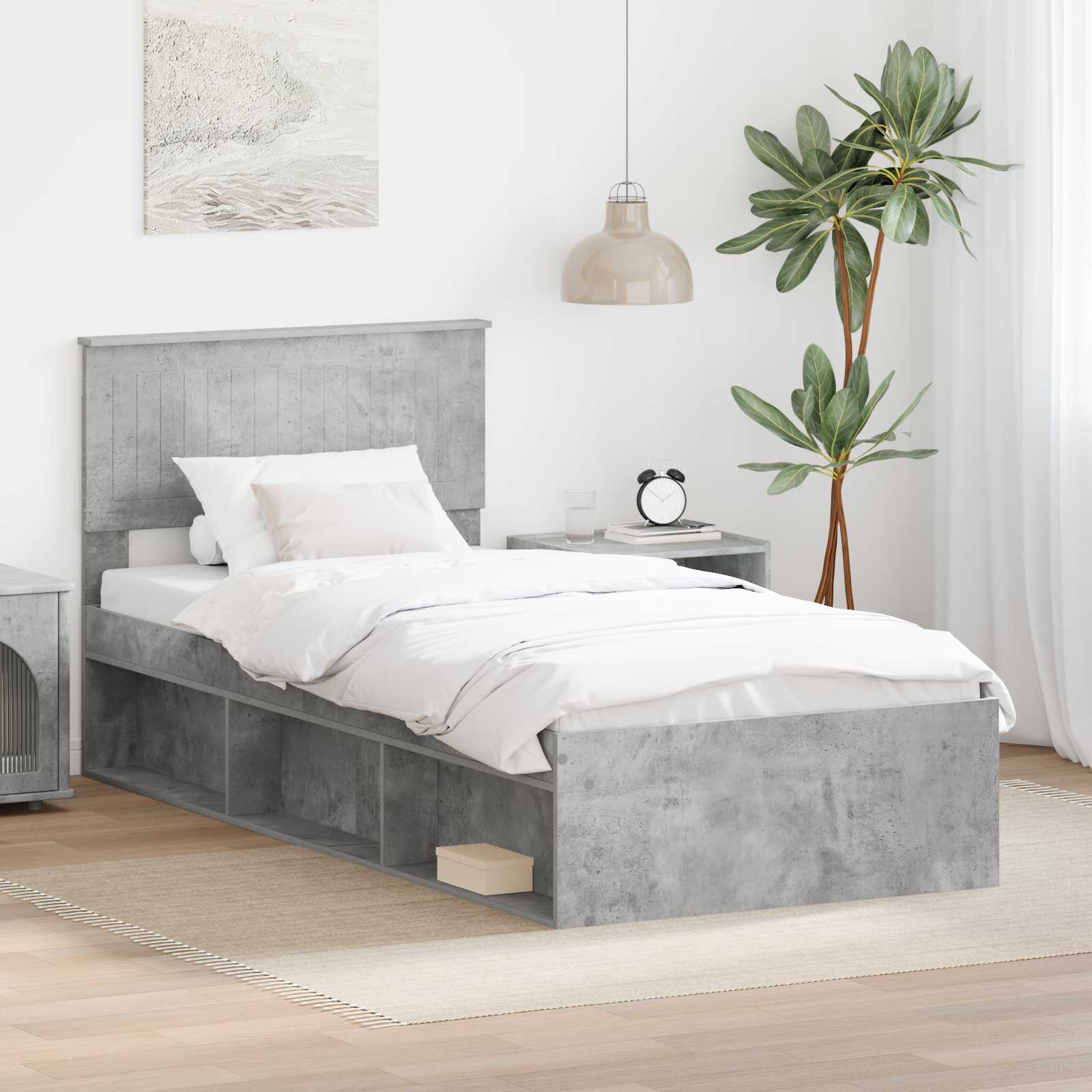 vidaXL Cadru de pat cu headboard Beton 90 x 200 cm Lemn de pin masiv